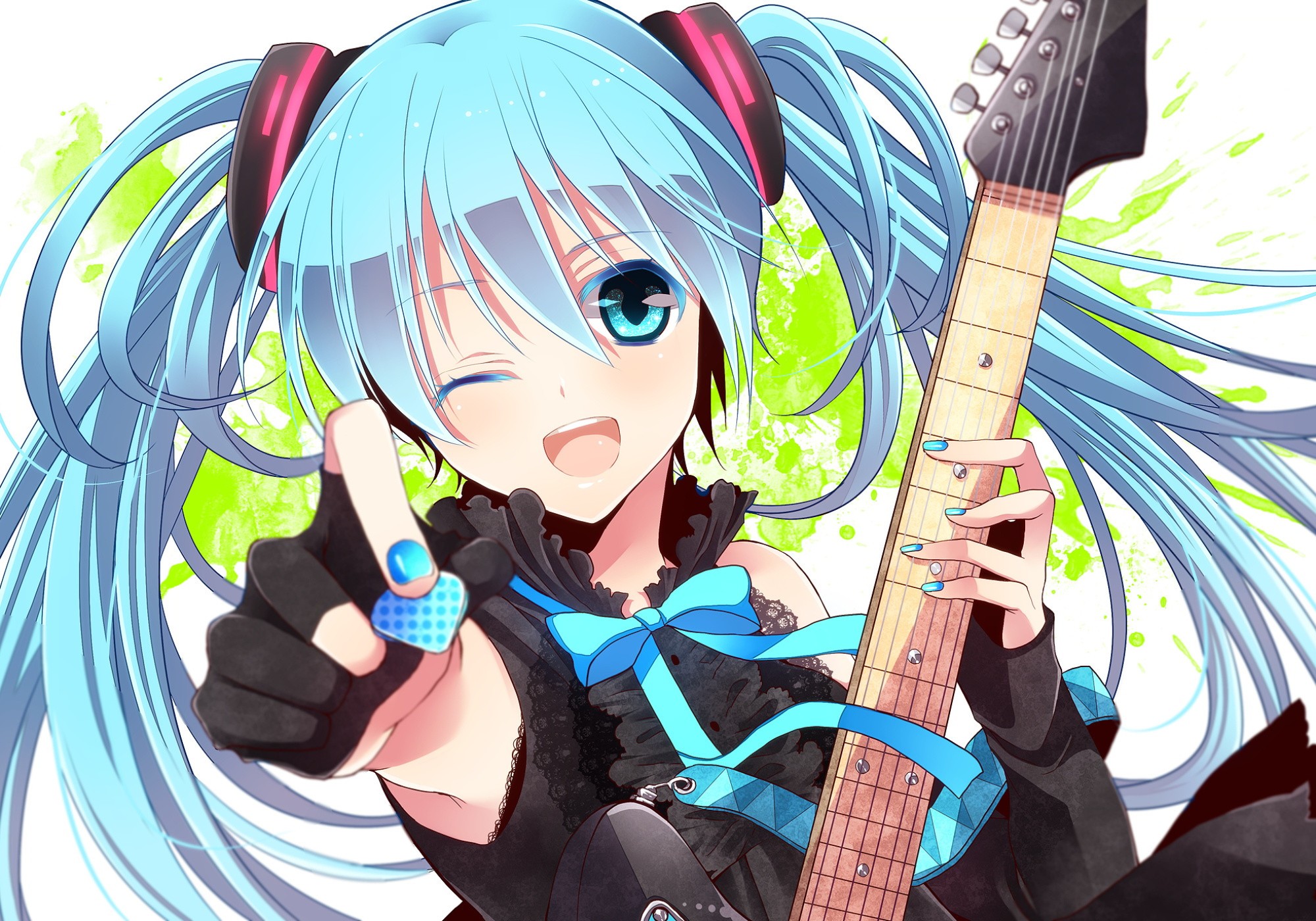 Anime 2000x1400 anime anime girls guitar blue hair Vocaloid Hatsune Miku musical instrument open mouth one eye closed blue nails painted nails plectrum