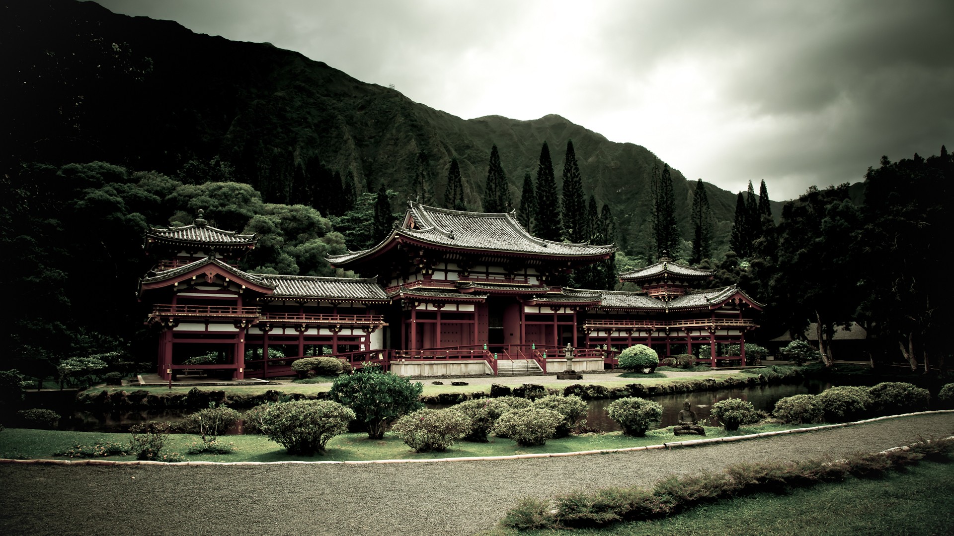 General 1920x1080 Asian architecture architecture temple landscape trees garden mountains path zen clouds filter The Byodo-In Temple monastery building plants Hawaii USA