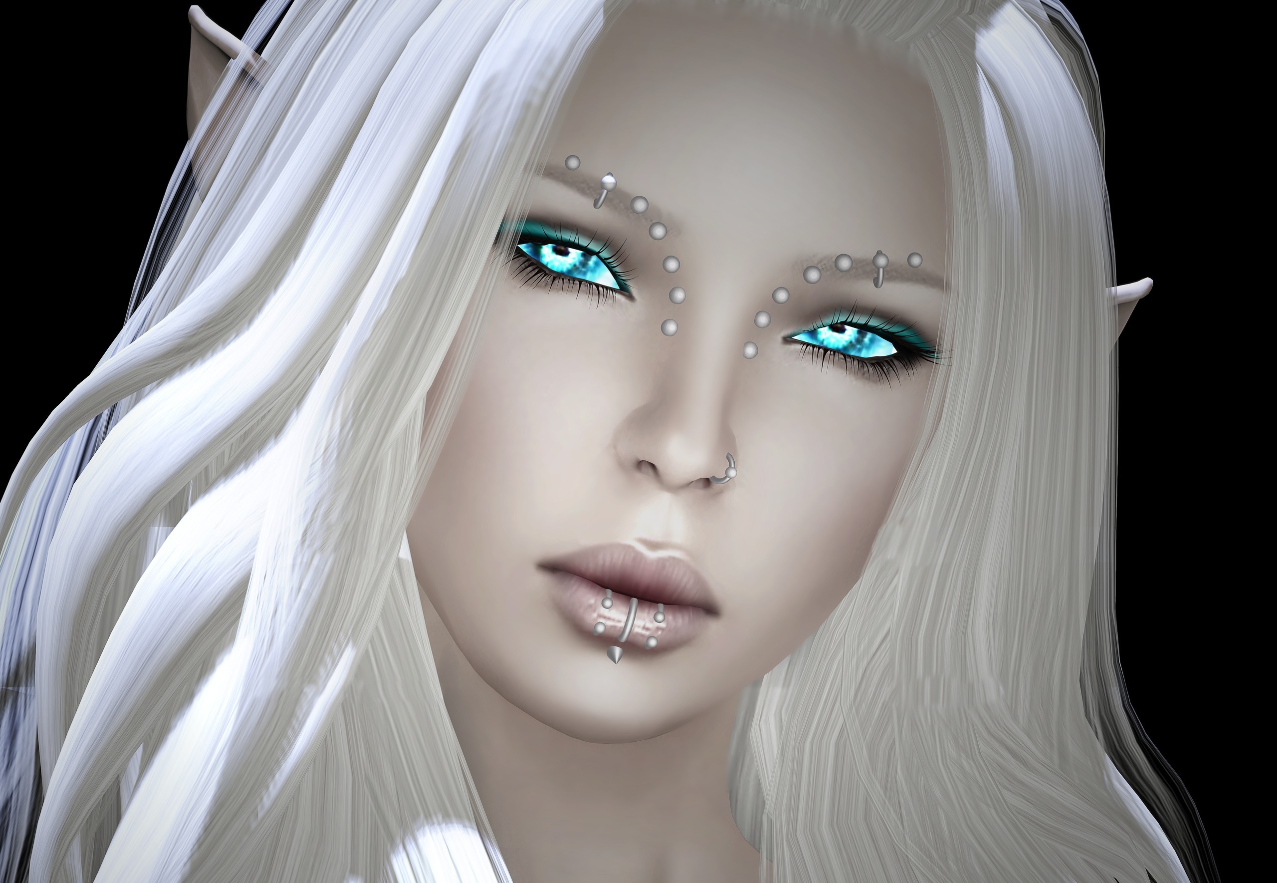 General 2560x1769 fantasy girl CGI digital art women blue eyes face pierced lip pointy ears fantasy art looking at viewer