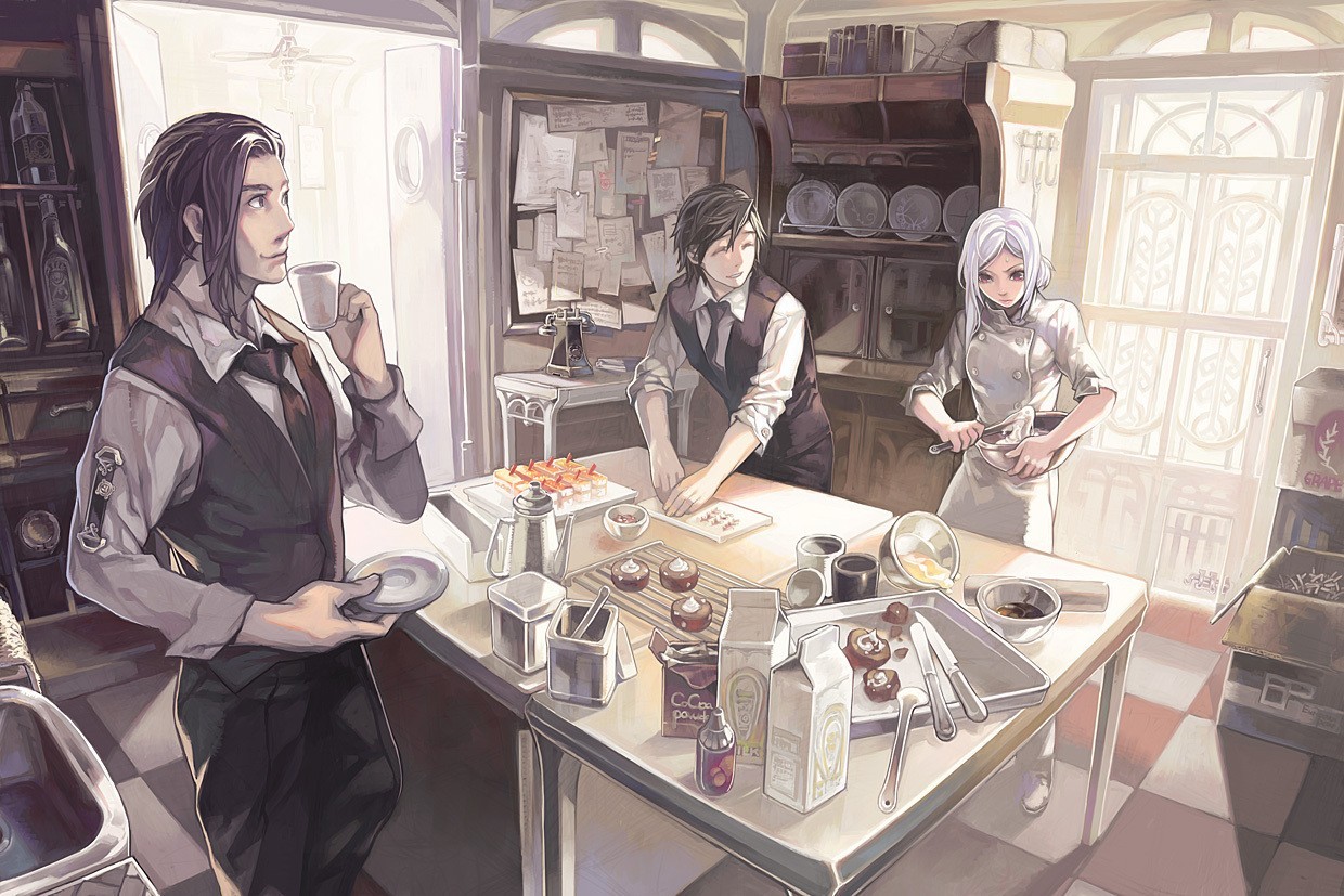 Anime 1240x827 artwork white hair anime boys kitchen anime girls cook