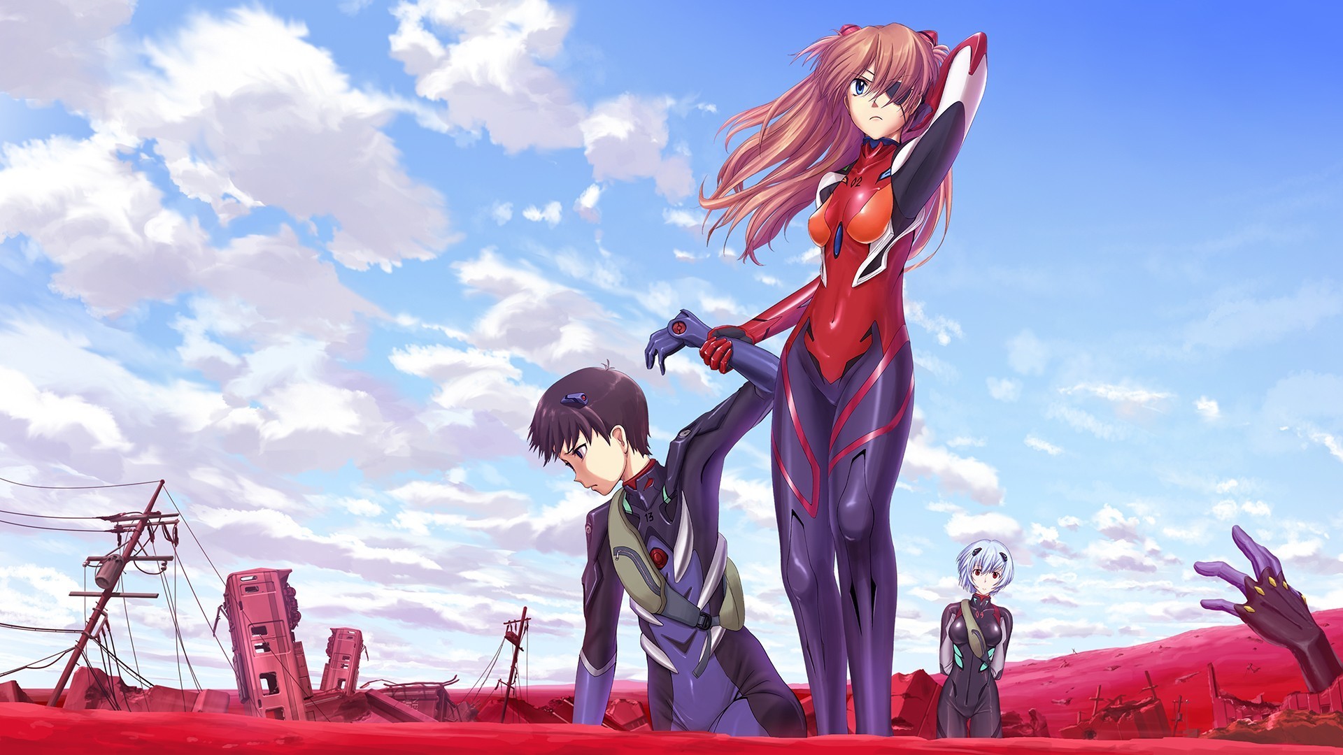 Anime 1920x1080 anime girls anime eyepatches sky clouds Neon Genesis Evangelion long hair standing arms up