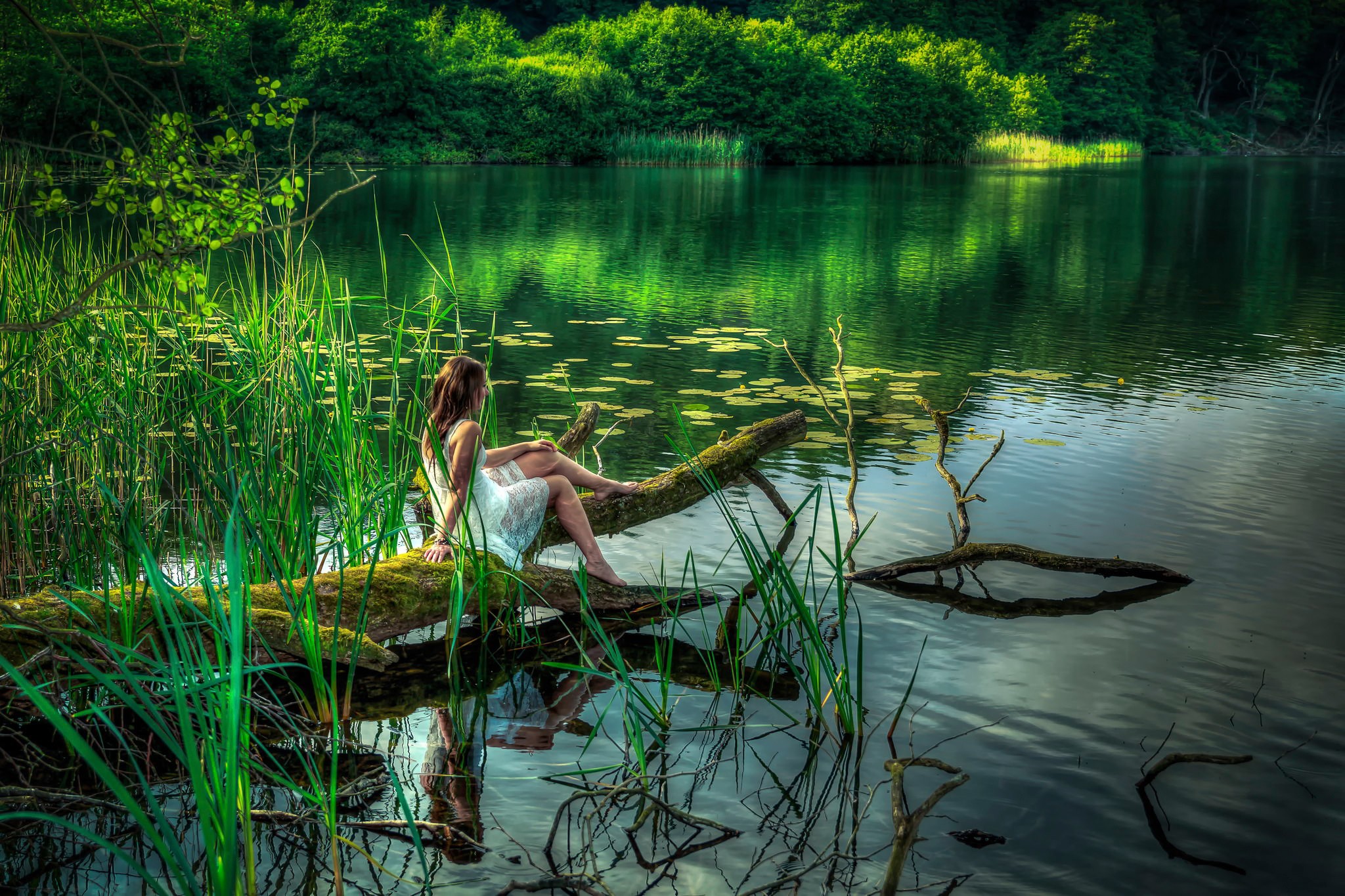 People 2048x1365 women pond water women outdoors model outdoors plants nature sitting barefoot