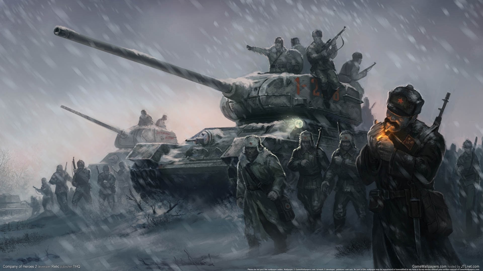 General 1920x1080 T-34 video games tank Company of Heroes 2 video game art vehicle military vehicle PC gaming USSR ushanka snow World War II Soviet Army
