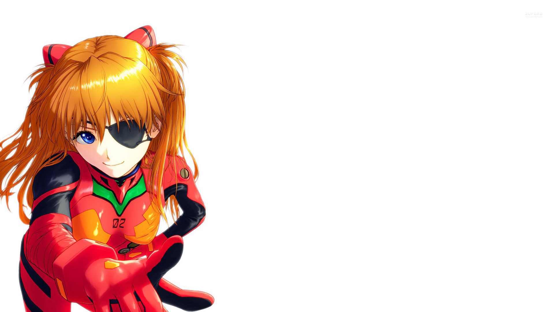 Anime 1920x1080 Neon Genesis Evangelion Asuka Langley Soryu simple background eyepatches anime anime girls looking at viewer smiling blue eyes white background