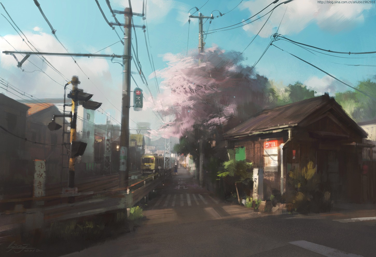 Anime 1450x993 anime drawing urban power lines train street Asia
