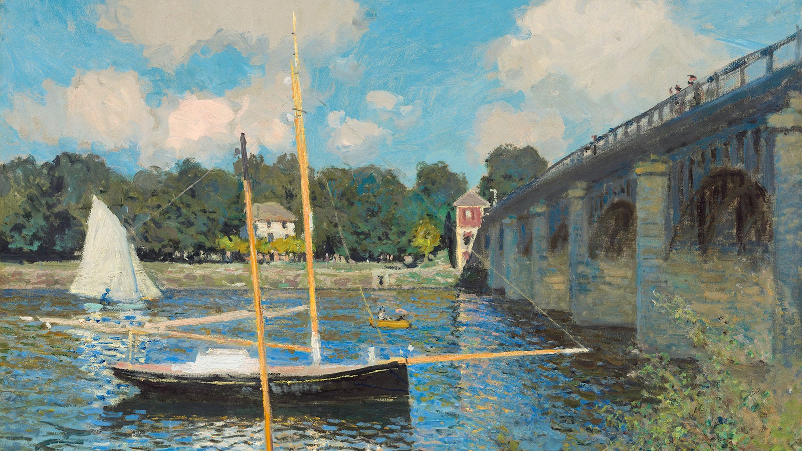 General 1600x900 Claude Monet painting bridge river France classic art boat vehicle