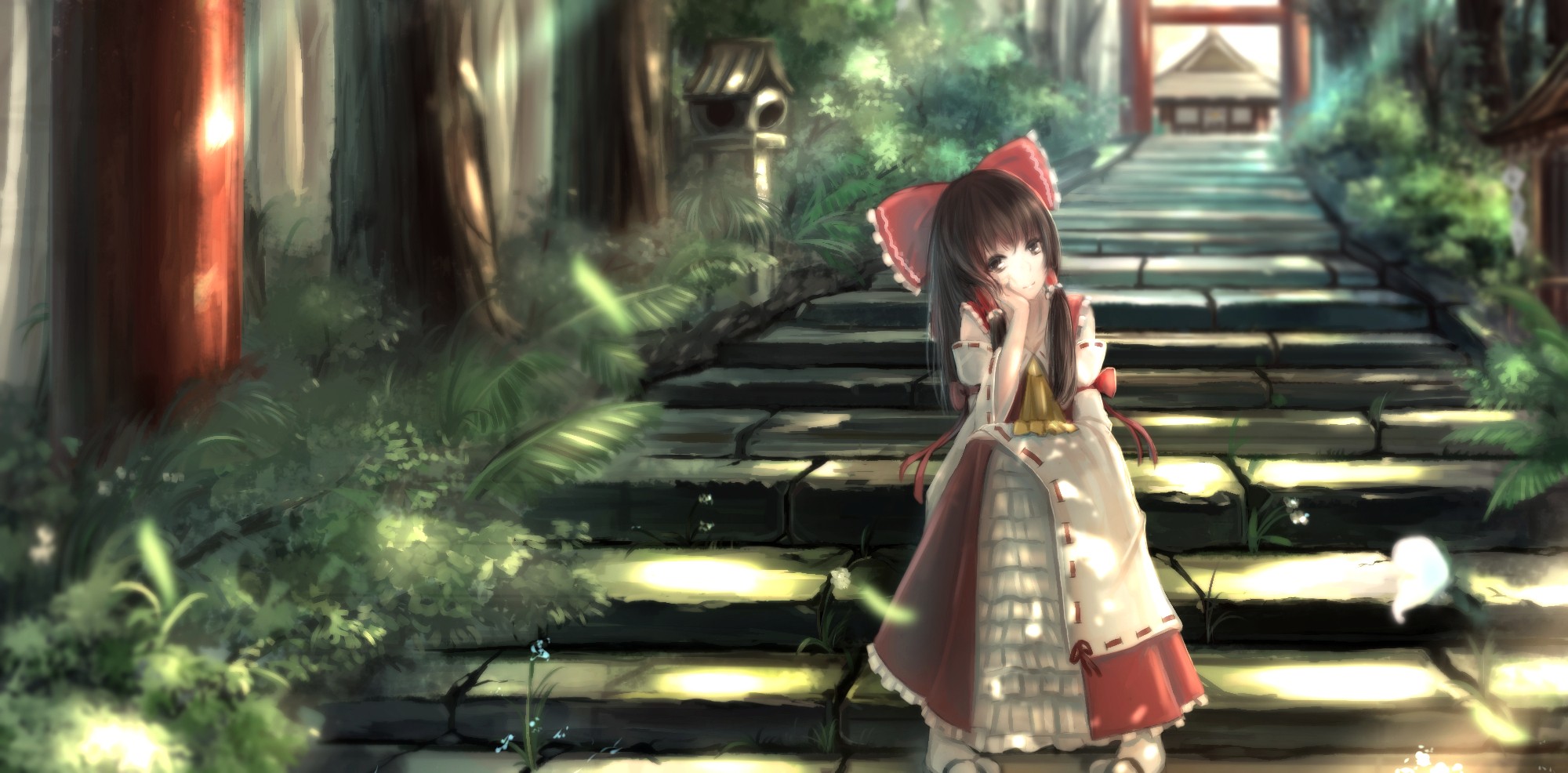 Anime 2000x986 red ribbon miko Touhou anime girls anime stairs outdoors women outdoors sitting looking at viewer