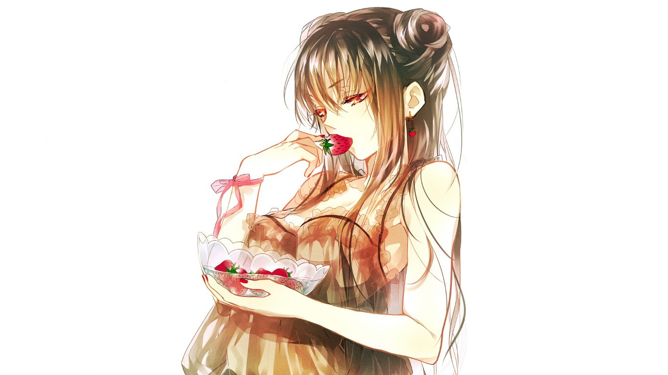 Anime 1366x768 anime girls anime anime girls eating fruit food bowls strawberries simple background beige background red eyes dress brunette