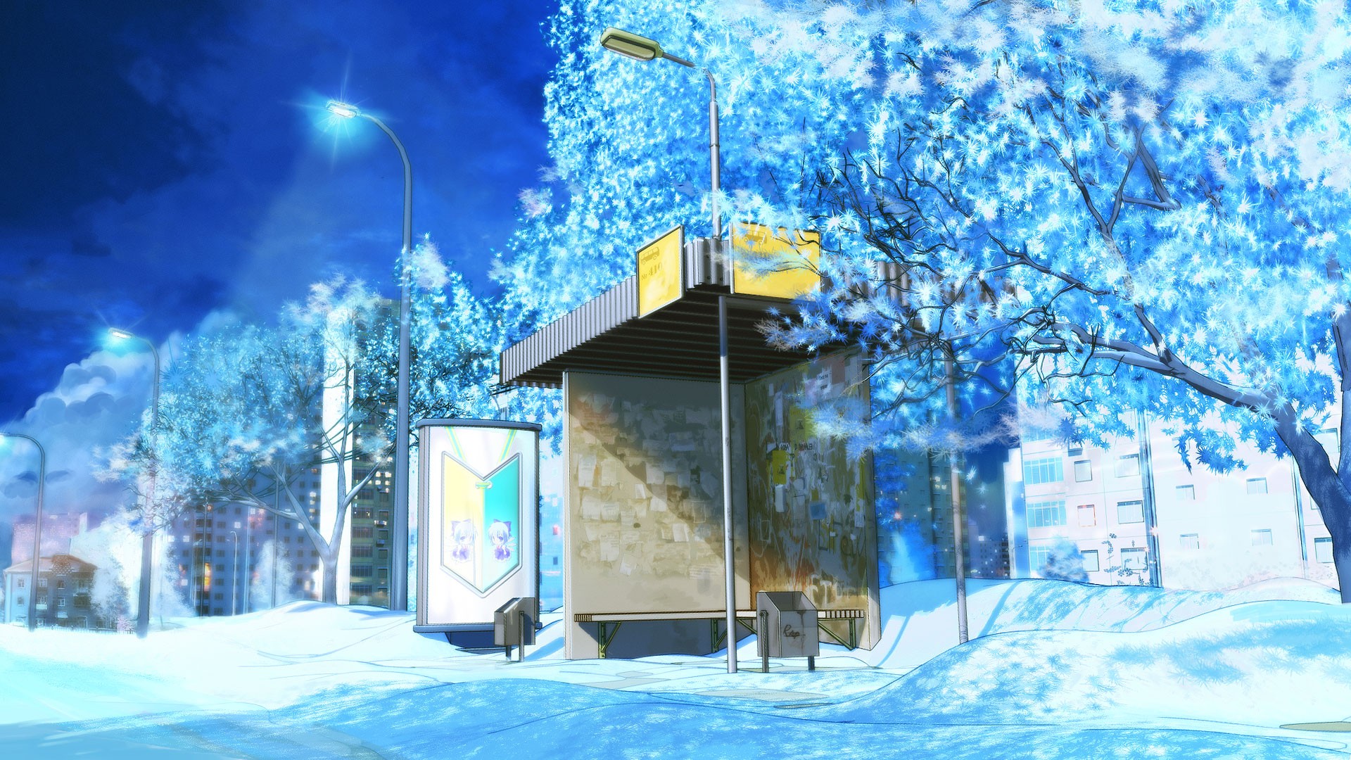 Anime 1920x1080 ArseniXC Everlasting Summer (visual novel) street light bus stop snow trees concept art winter night frost cold outdoors urban