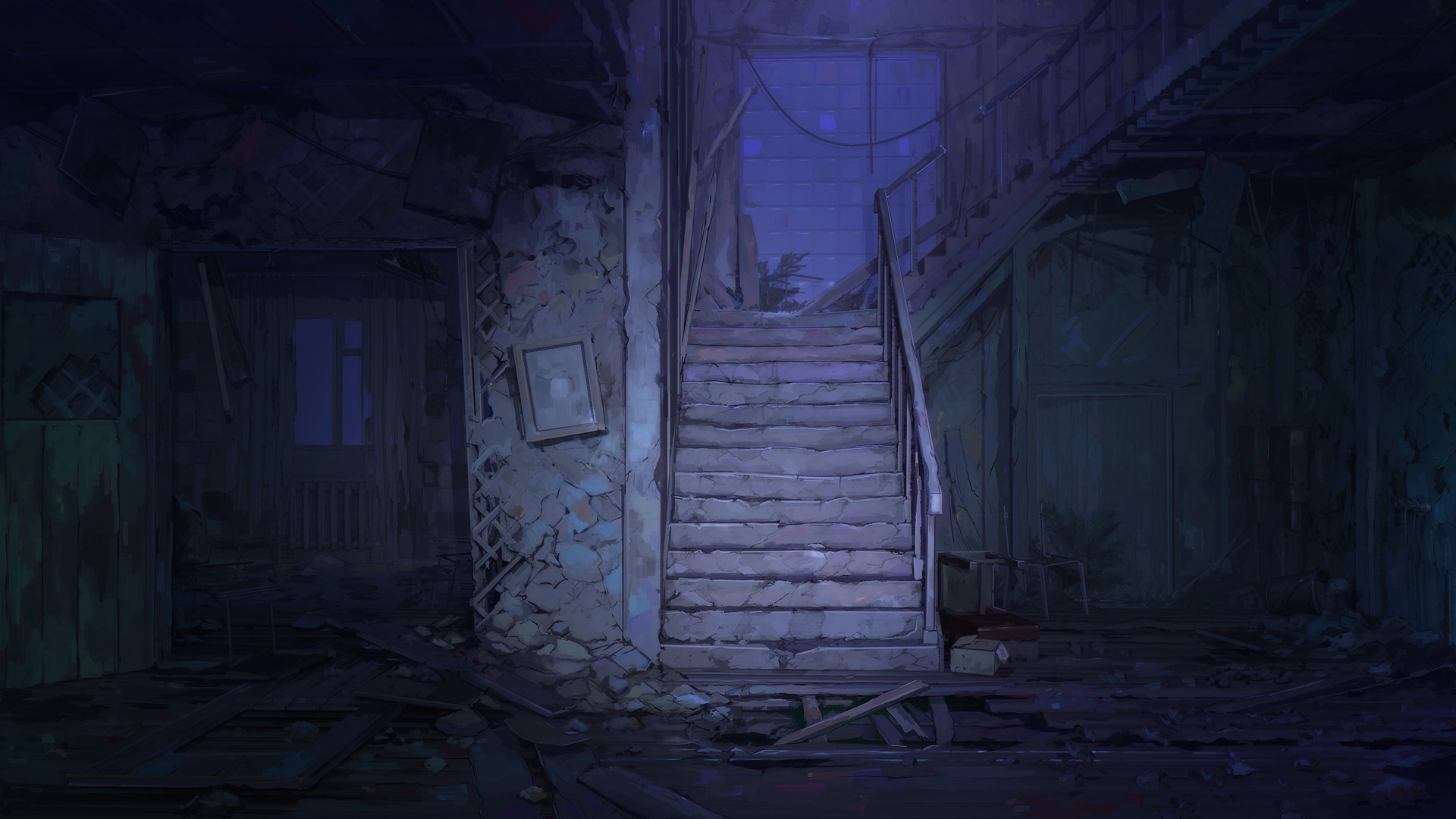 General 1920x1080 stairs Everlasting Summer (visual novel) tiles artwork ruins indoors night anime