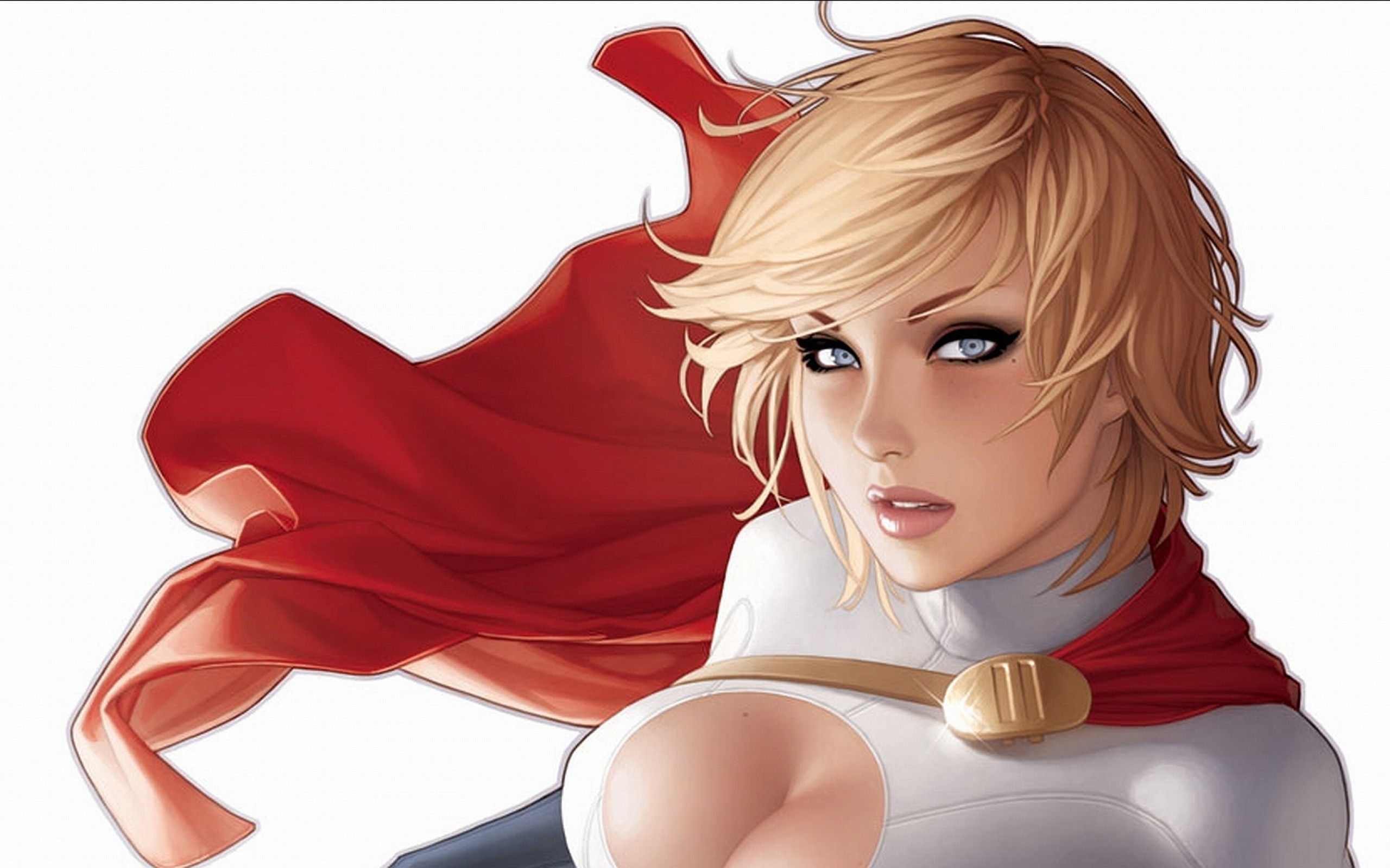 General 2560x1600 Power Girl boobs blonde fantasy art looking at viewer simple background white background women blue eyes cape