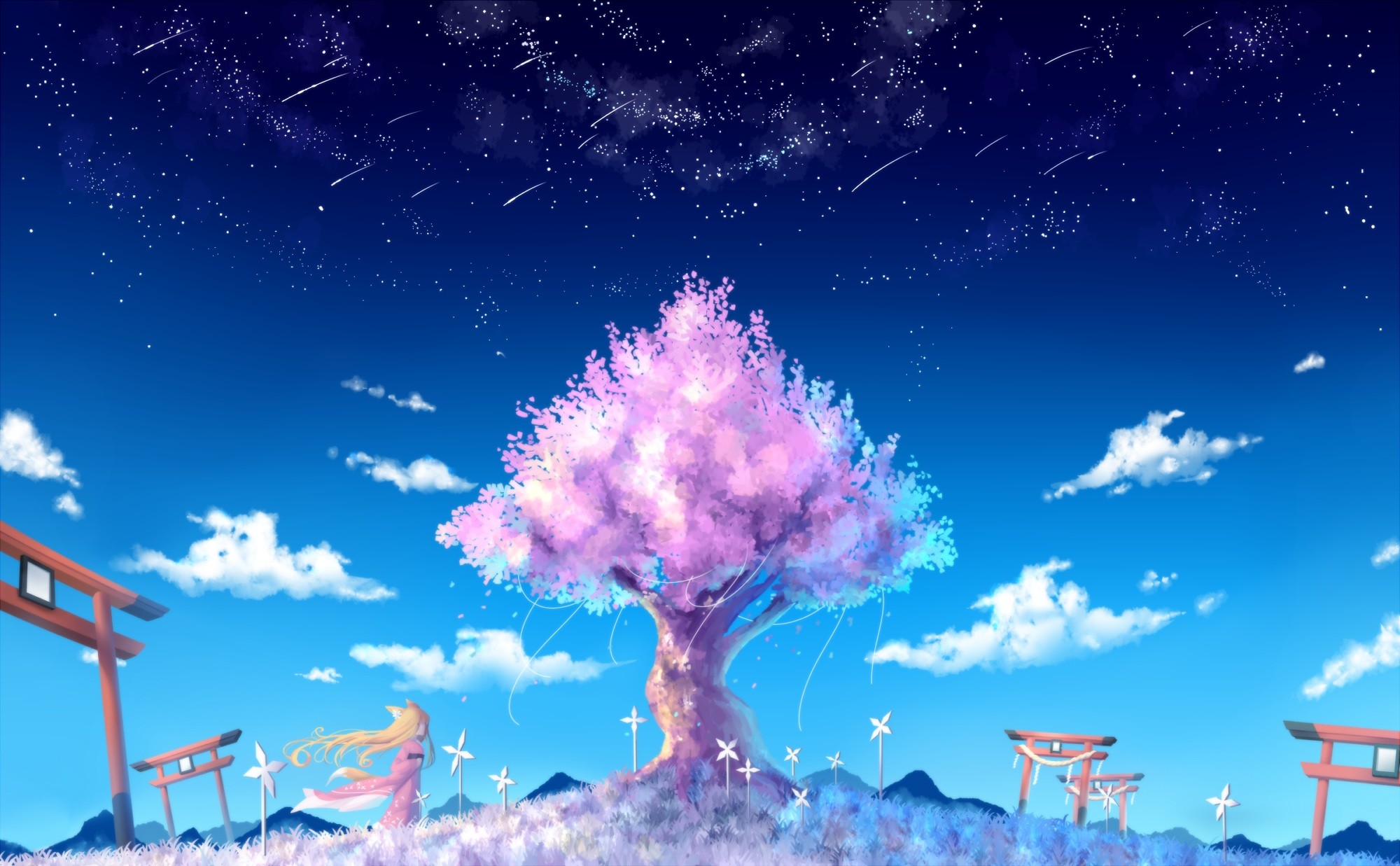 Anime 2000x1237 anime artwork fantasy art sky stars trees anime girls Asia clouds
