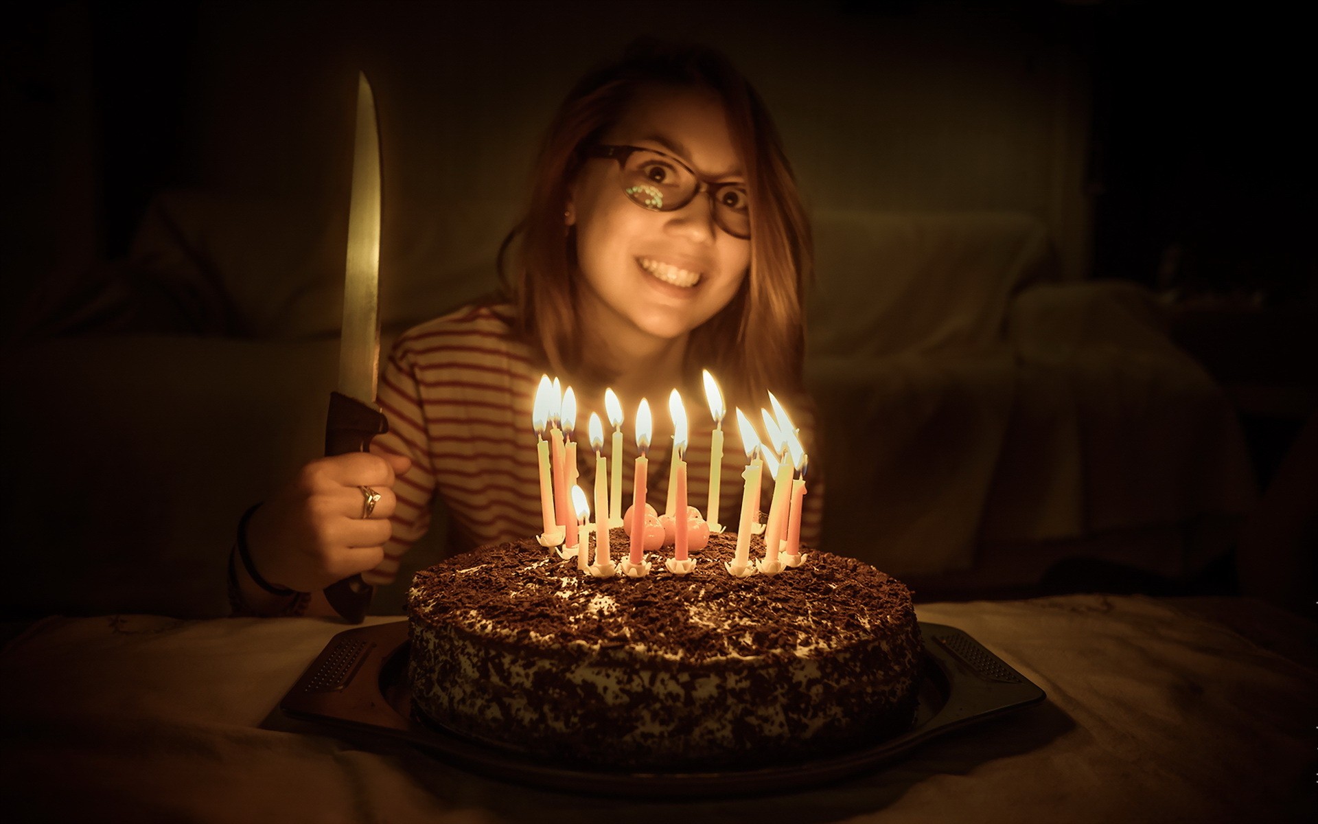 People 1920x1200 women birthday humor women with glasses brunette striped clothing looking at viewer wacky knife weapon scary face