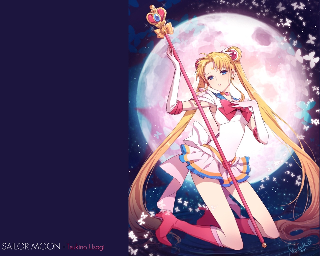 Anime 1280x1024 Tsukino Usagi anime girls anime kneeling blonde long hair blue hair Moon looking at viewer fantasy art fantasy girl staff Sailor Moon Sailor Moon (Character)