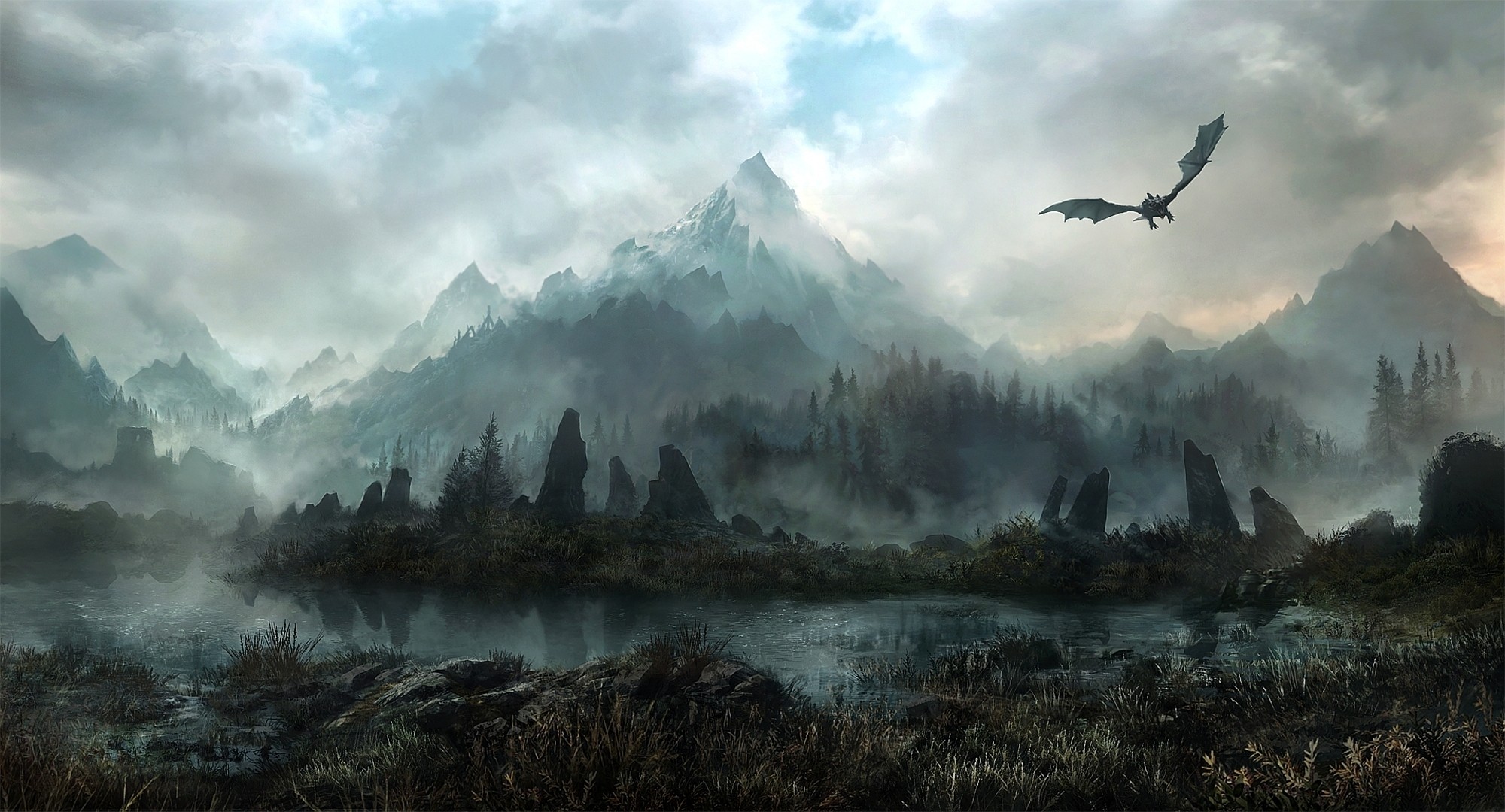 General 2000x1080 dragon mountains mist The Elder Scrolls V: Skyrim video games fantasy art RPG PC gaming creature landscape