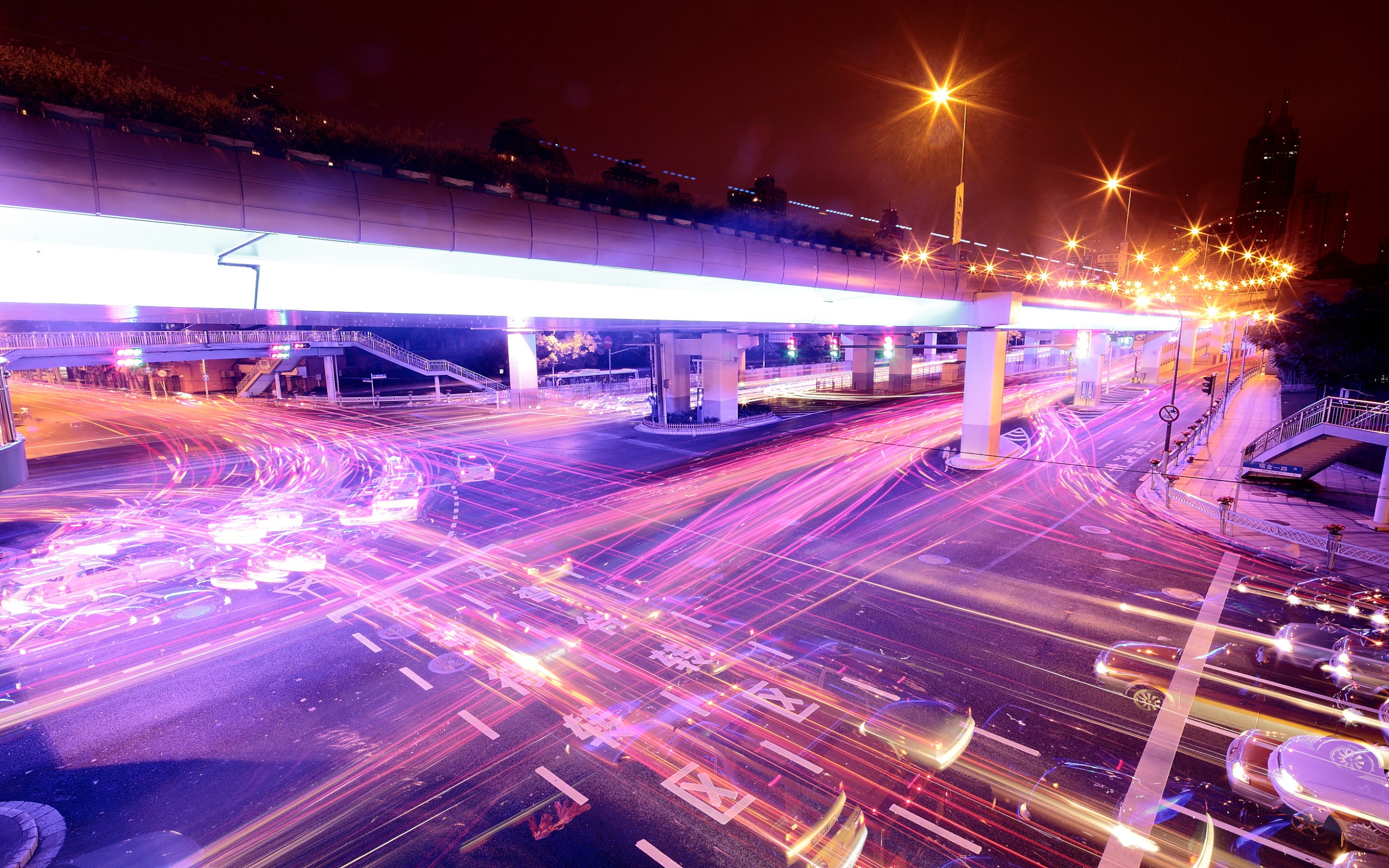 General 2560x1600 cityscape long exposure interchange intersections light trails traffic lights night
