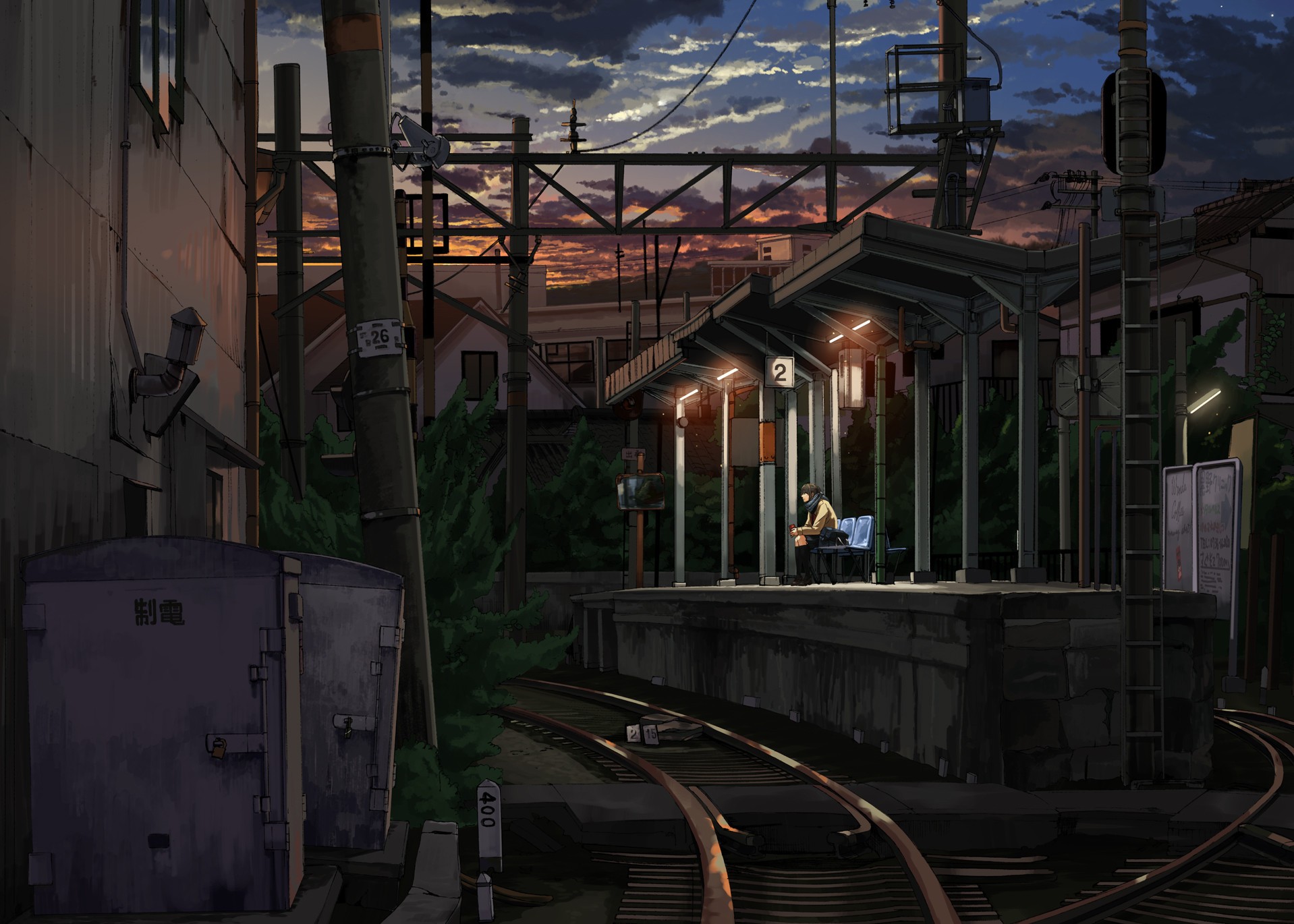 Anime 1918x1370 train station power lines railway anime