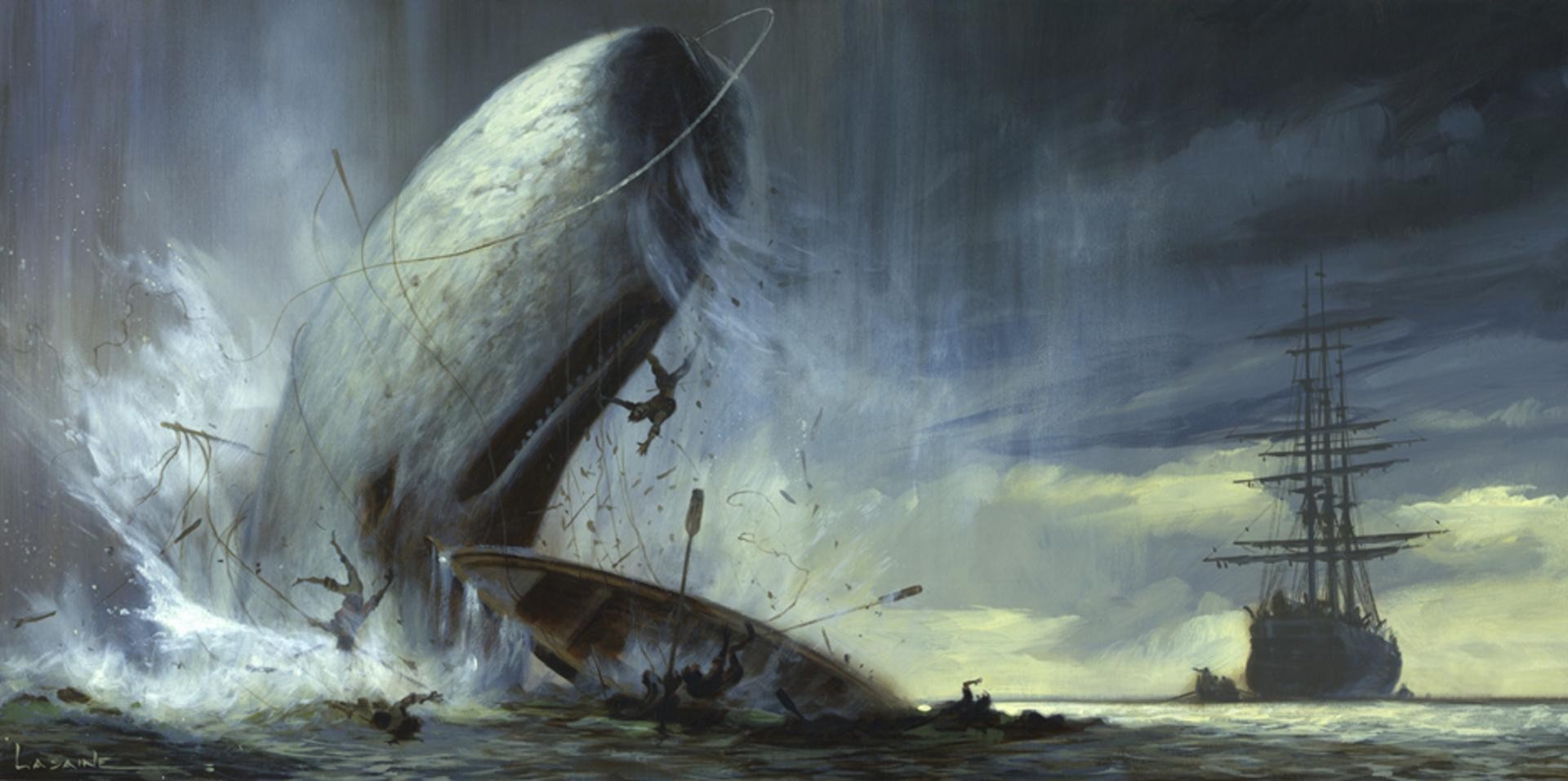 General 1920x957 nature animals sea Moby Dick whale artwork waves ship boat men fighting clouds