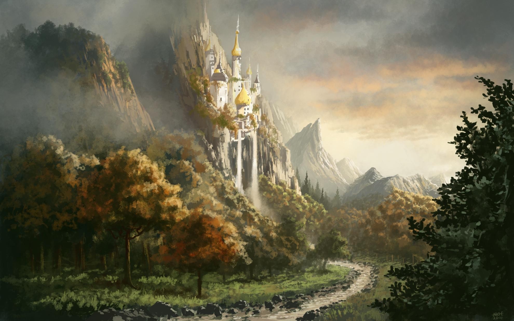 General 1980x1238 drawing nature castle forest mountains waterfall stream fantasy castle fantasy art digital art