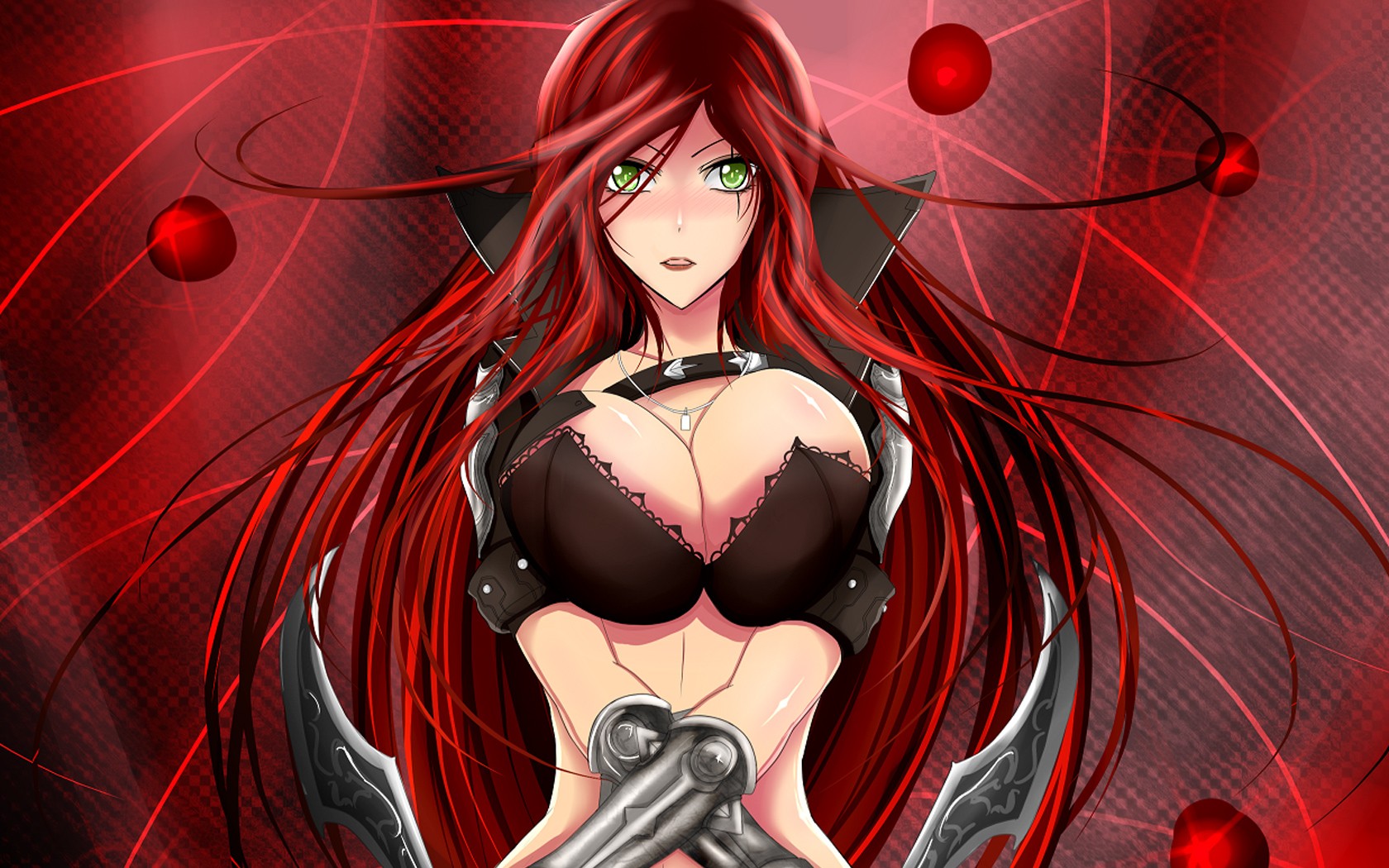 Anime 1680x1050 League of Legends video games Katarina (League of Legends) big boobs boobs huge breasts redhead long hair green eyes video game girls PC gaming curvy red background