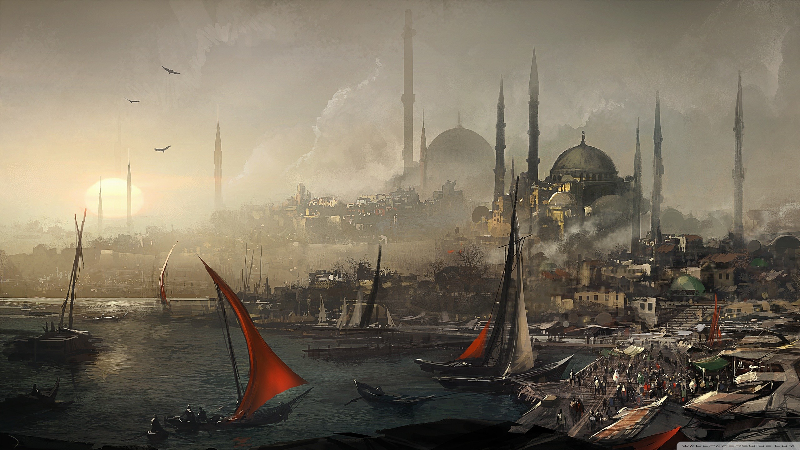 General 2560x1440 Assassin's Creed video game art fantasy city video games PC gaming cityscape Ubisoft boat vehicle birds
