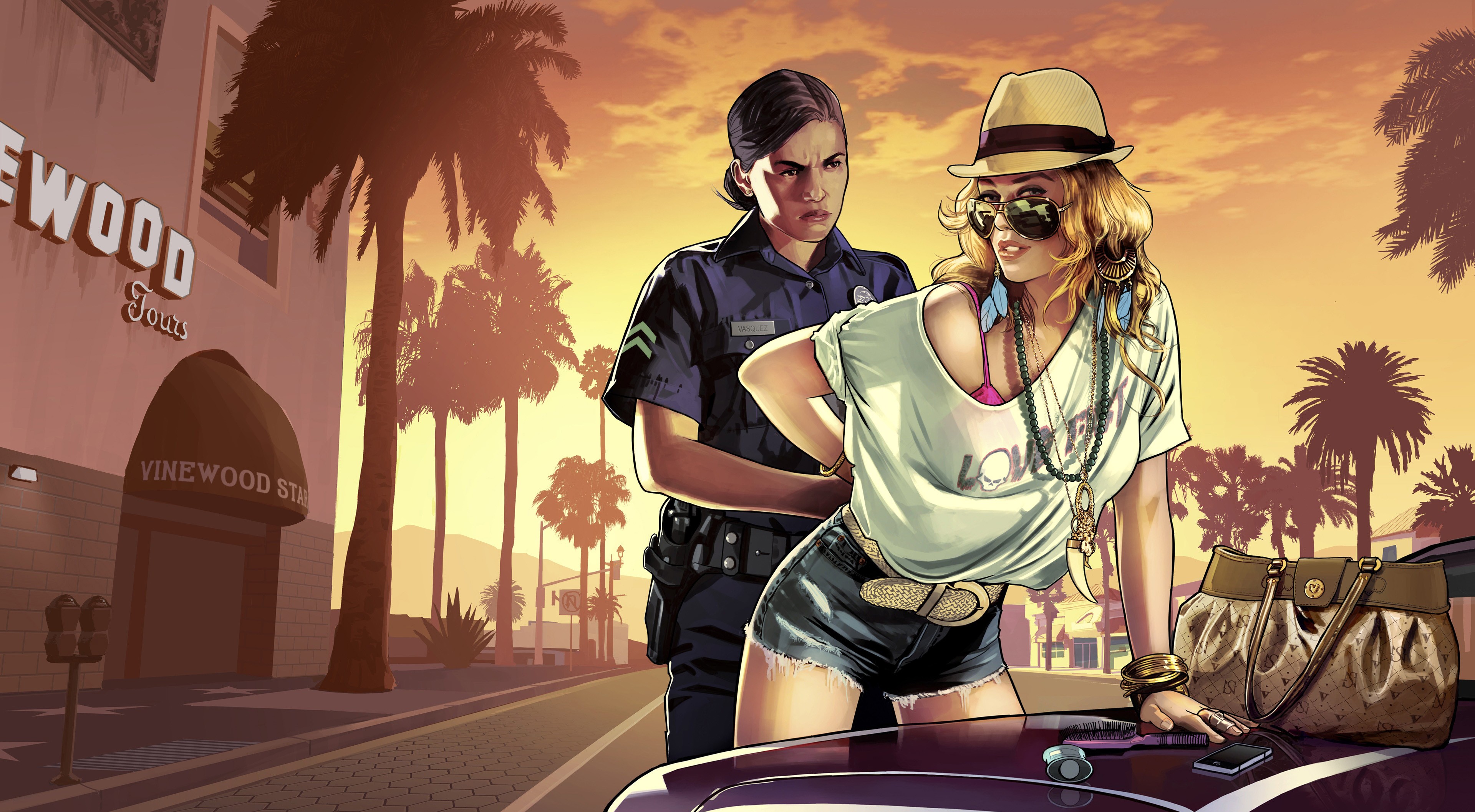General 3840x2115 Grand Theft Auto V Grand Theft Auto video games video game characters women police women two women video game girls PC gaming hat women with hats Rockstar Games car vehicle women with shades sunglasses