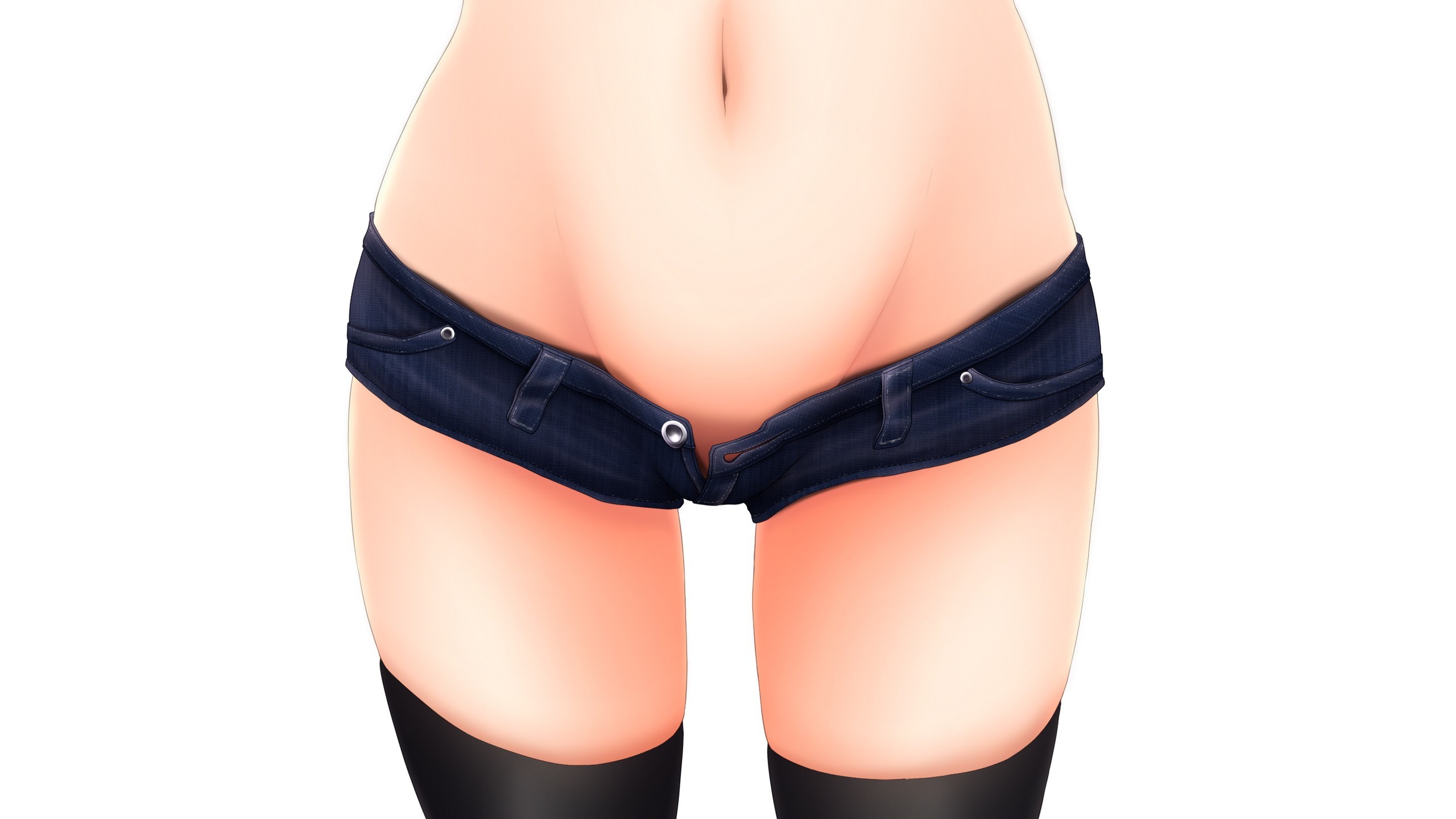 Anime 2560x1440 shorts anime anime girls thigh-highs short shorts belly jean shorts open shorts nopan unbuttoned women simple background beige background