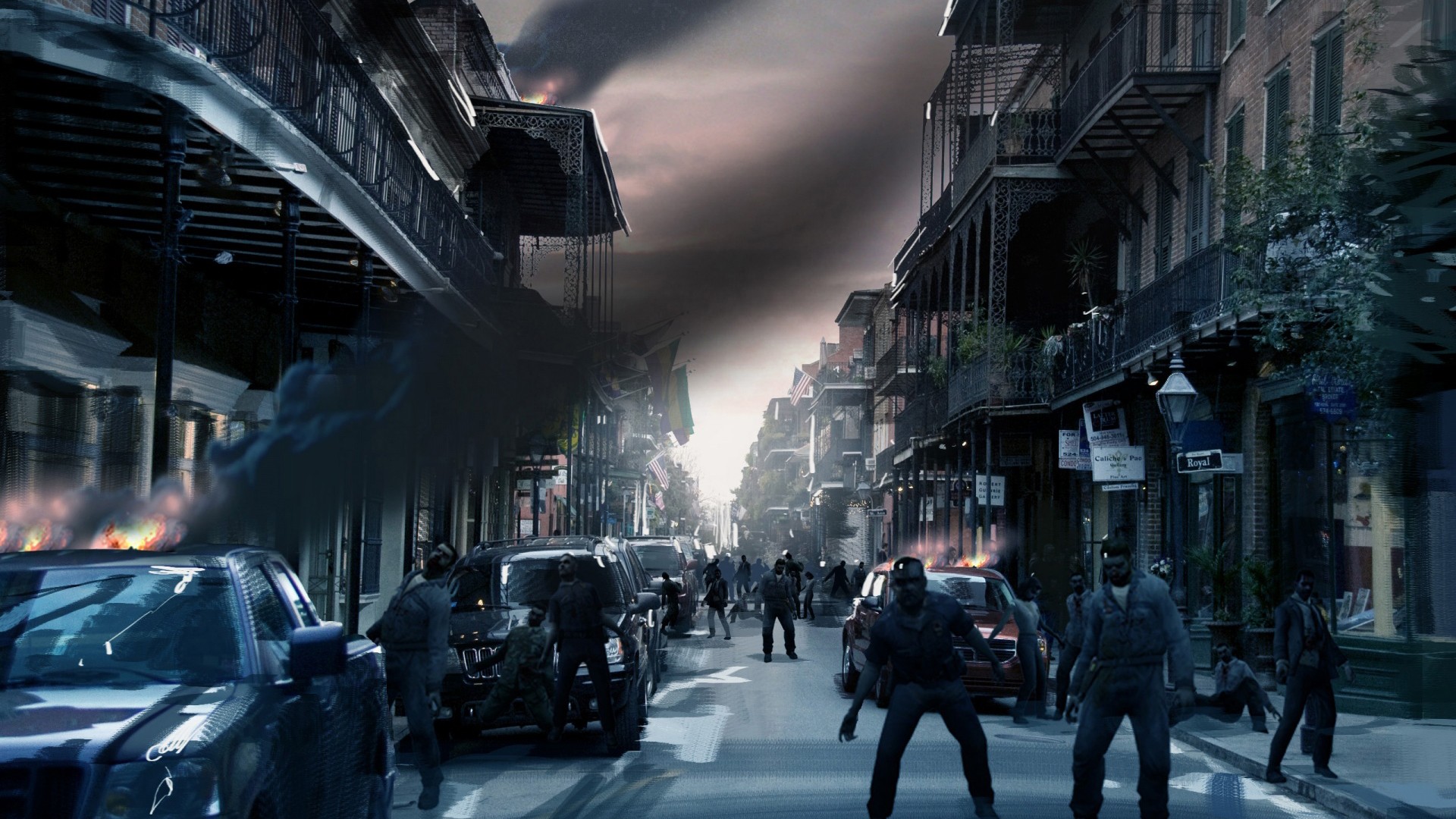 General 1920x1080 digital art cityscape undead apocalyptic zombies horror street fire burning