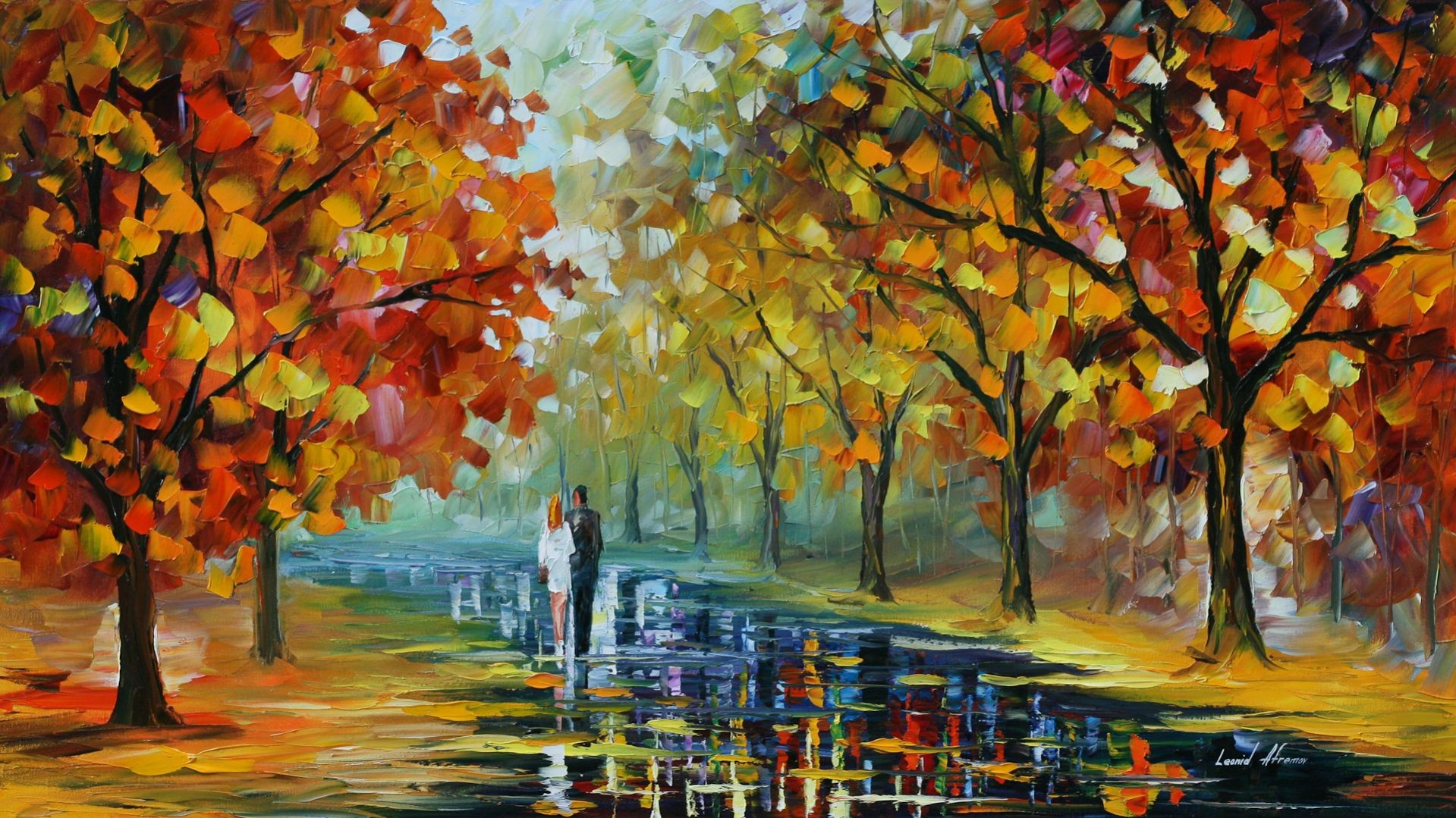 General 1919x1079 Leonid Afremov fall couple park trees path painting artwork reflection digital art