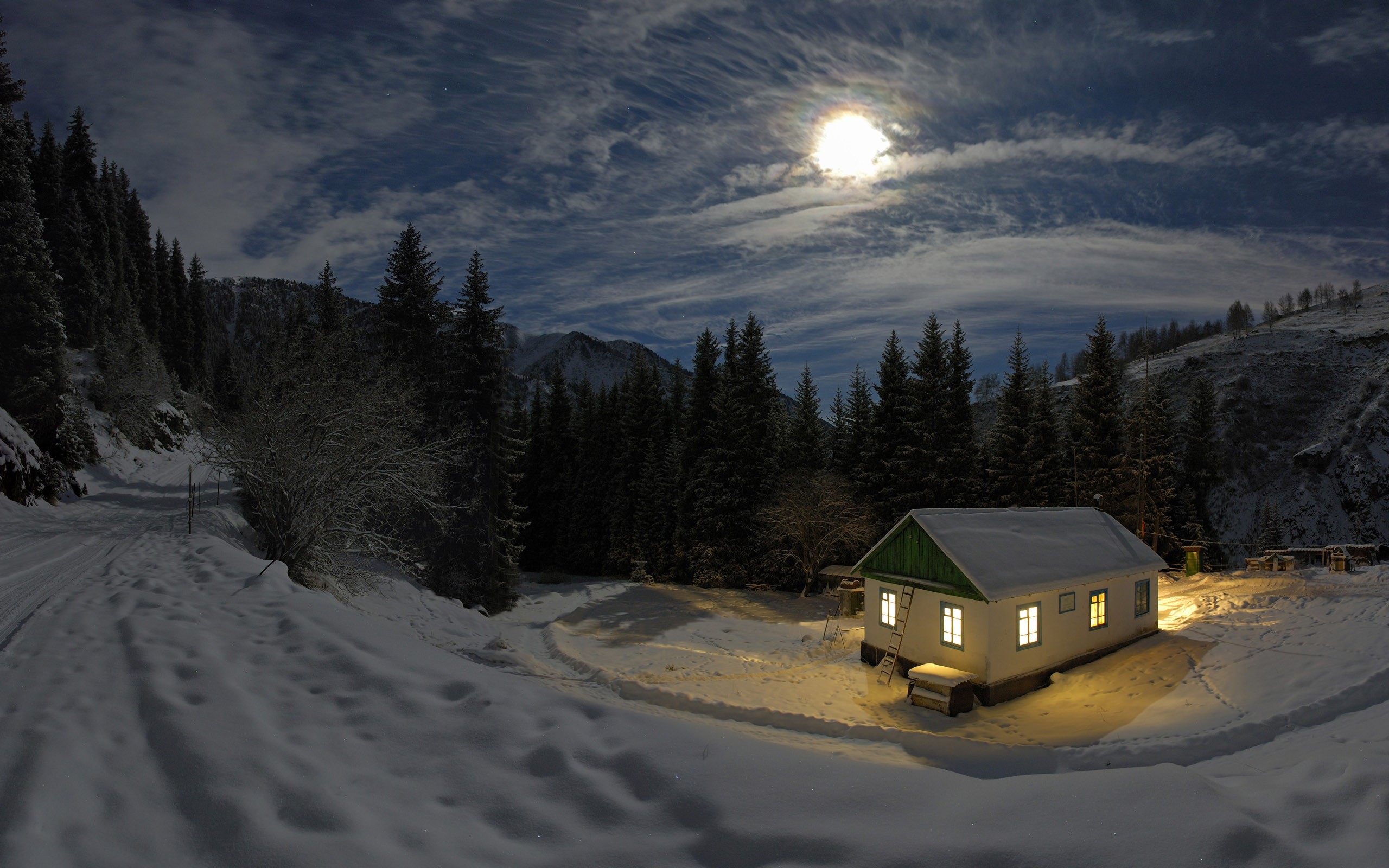 General 2560x1600 night sky Moon nature snow winter house landscape cold outdoors