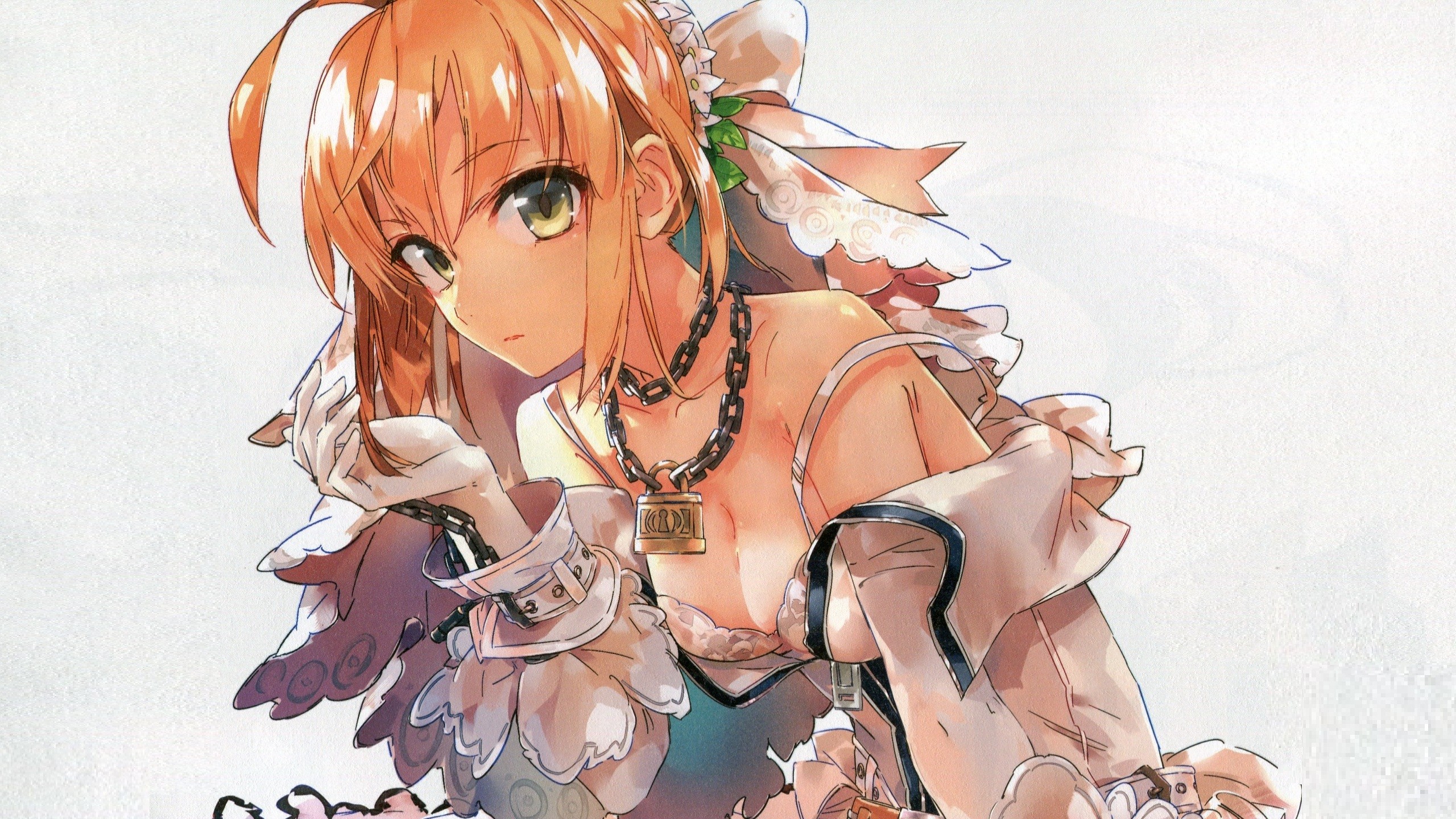 Anime 2560x1440 Fate series Nero Claudius green eyes bridal veil chains cleavage Ponkan 8 boobs simple background looking at viewer anime anime girls blonde artwork Saber Bride cropped Fate/Extra