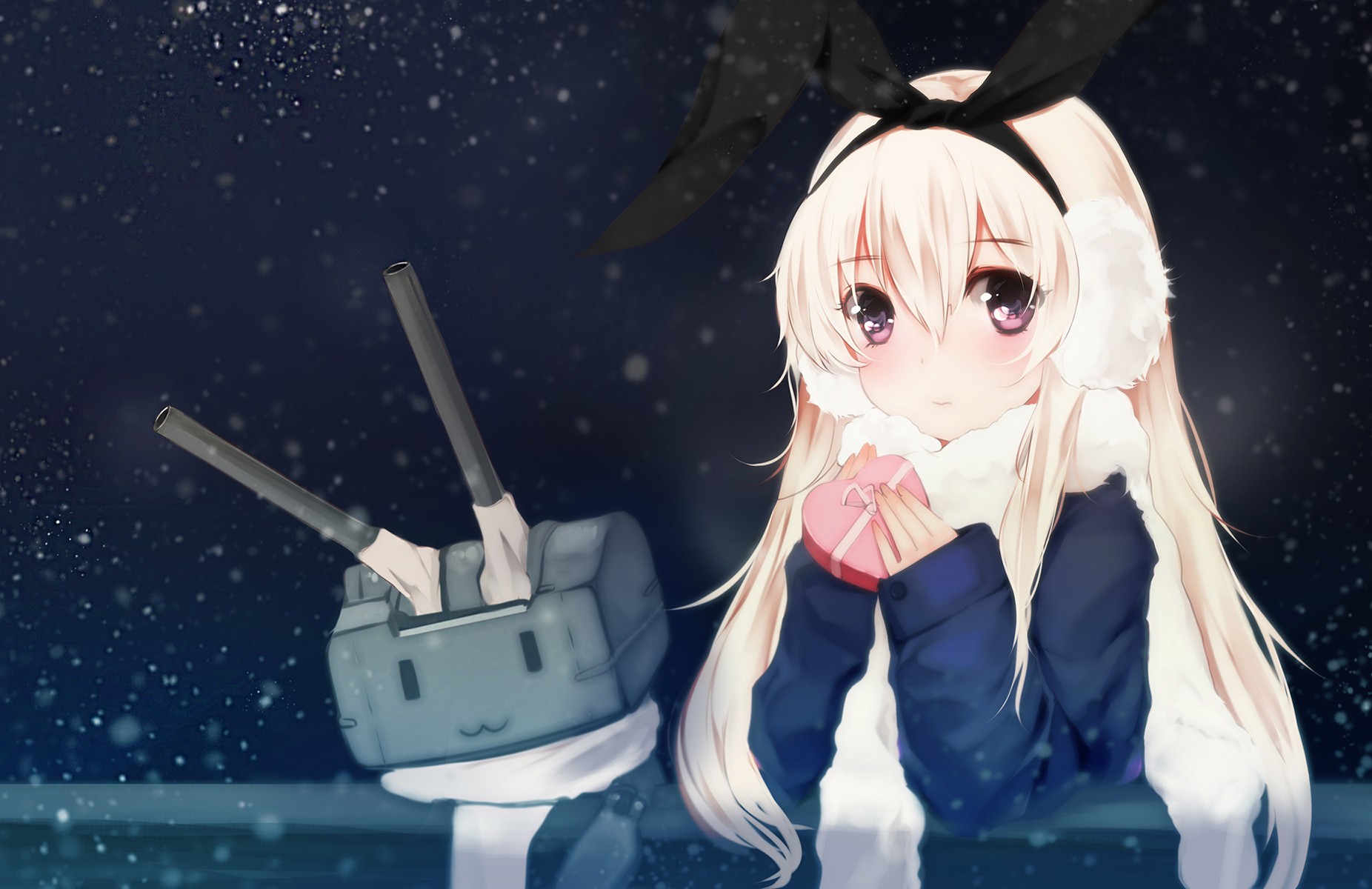 Anime 1852x1200 Kantai Collection Rensouhou-chan Shimakaze (Kancolle) blonde long hair anime anime girls snow Valentine's Day presents women purple eyes sky cold bunny ears