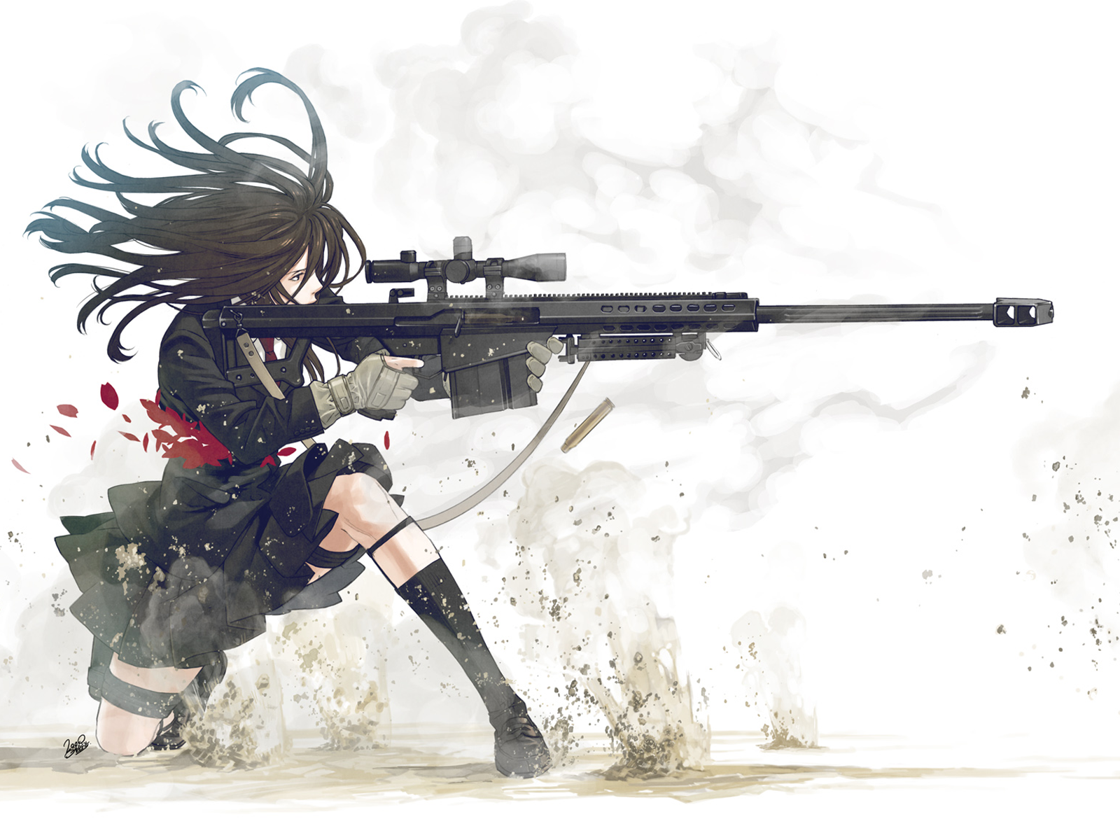 Anime 1600x1200 anime girls gun sniper rifle girls with guns aiming rifles weapon blood brunette kneeling long hair simple background white background