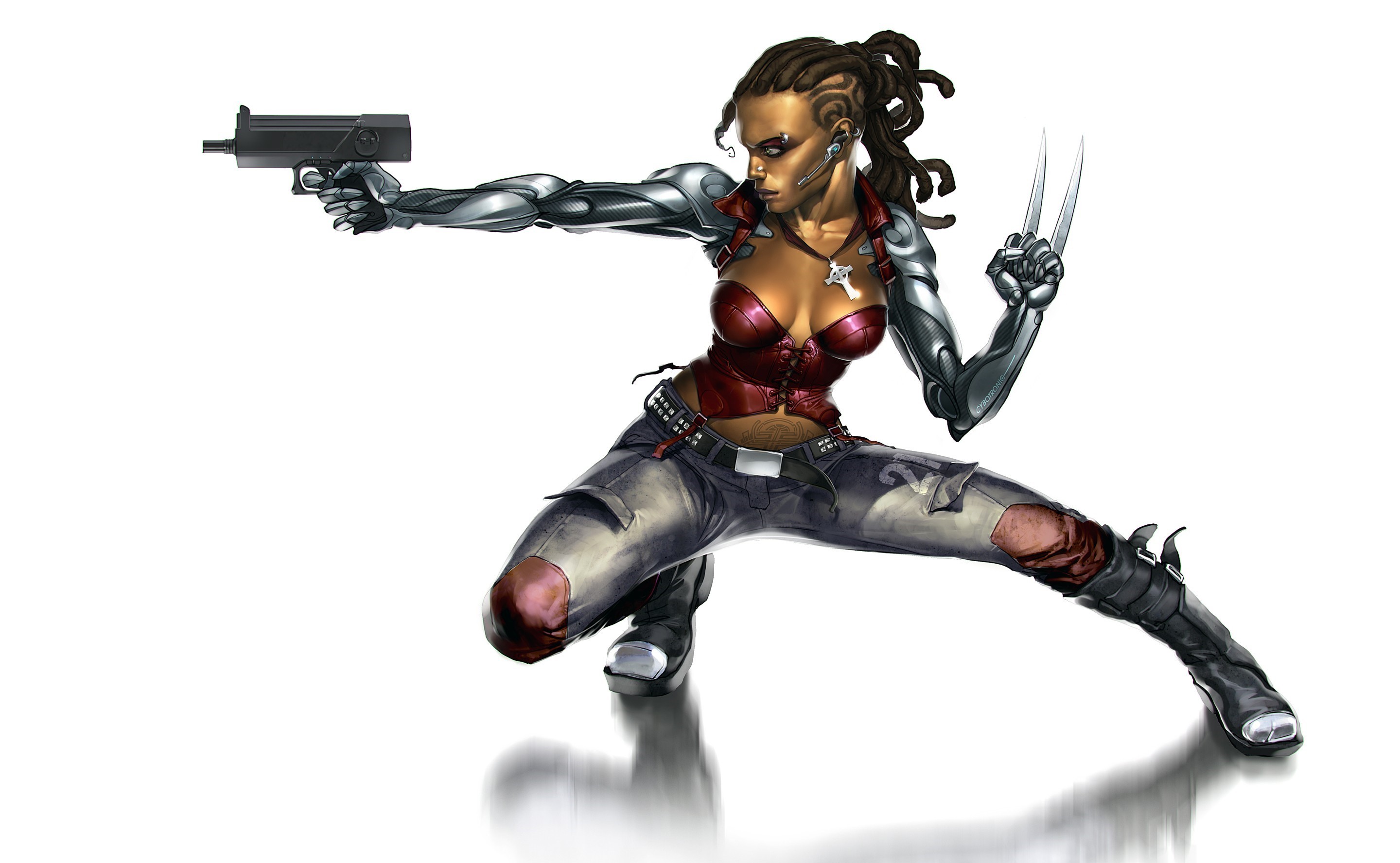 General 2880x1776 Shadowrun artwork dark skin women boobs cyborg claws spread legs simple background white background gun weapon futuristic science fiction women science fiction girls with guns