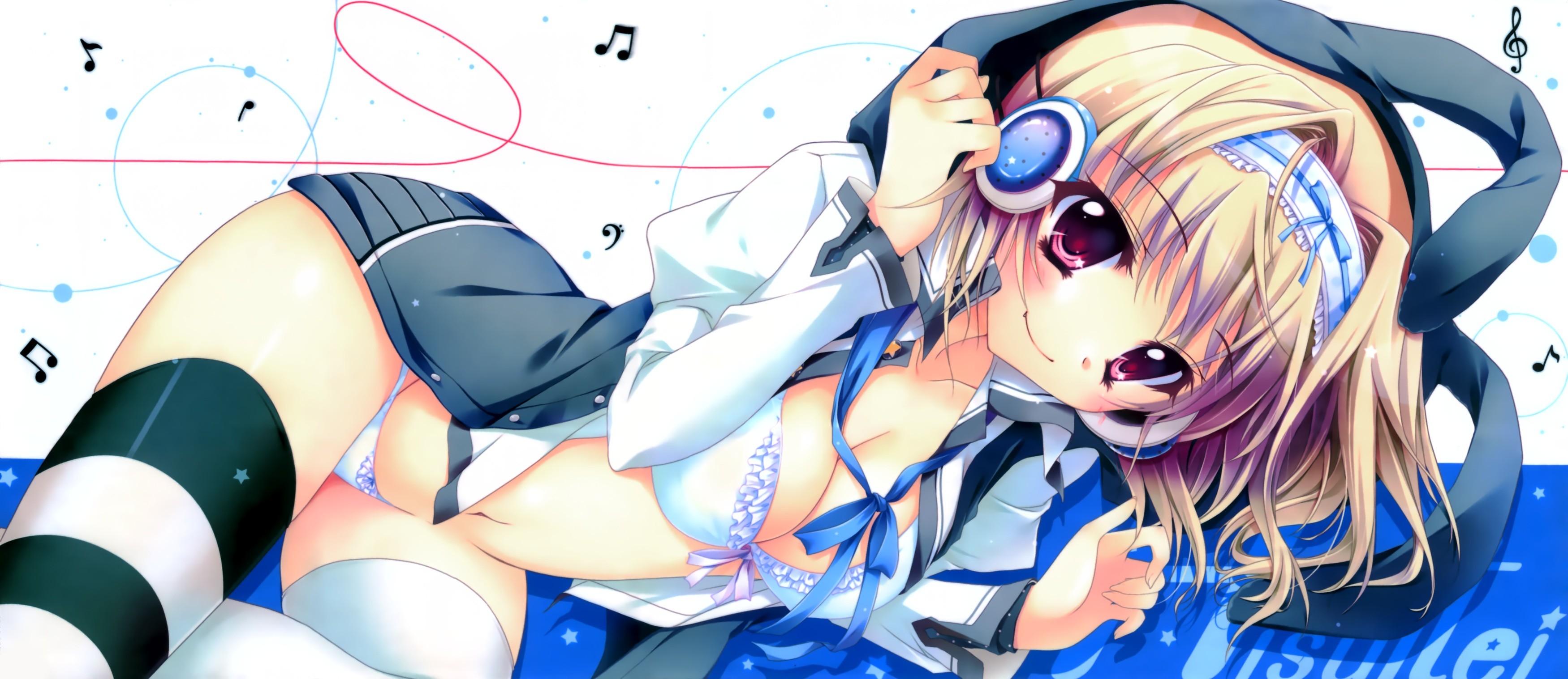 Anime 3500x1518 anime anime girls underwear thigh-highs original characters boobs bra belly panties stockings musical notes striped stockings blue bra smiling blonde