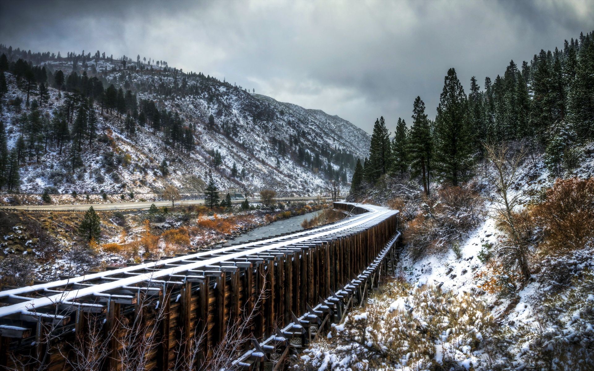General 1920x1200 fall railway hills snow trees river valley cold winter outdoors landscape