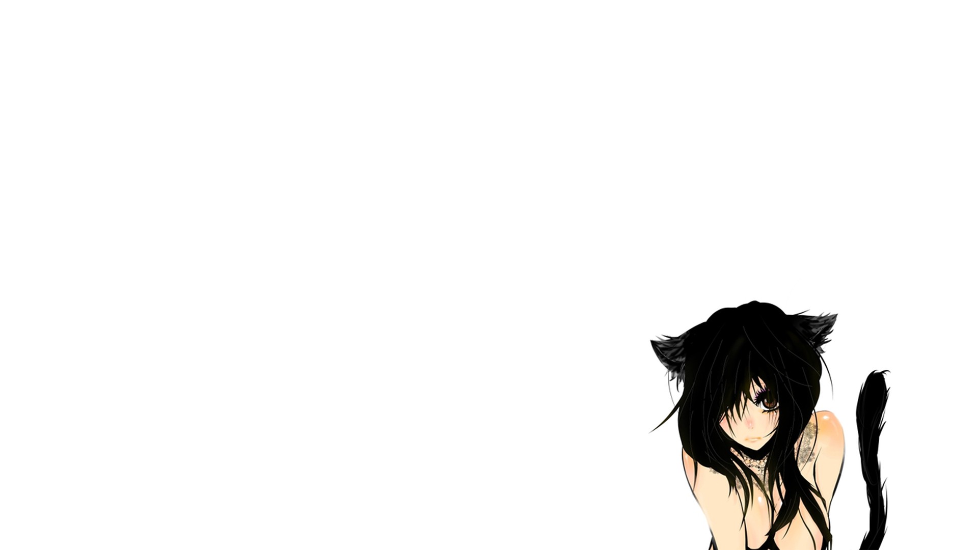 Anime 1920x1080 cat girl cleavage black hair brown eyes anime anime girls white background simple background animal ears tail hair over one eye
