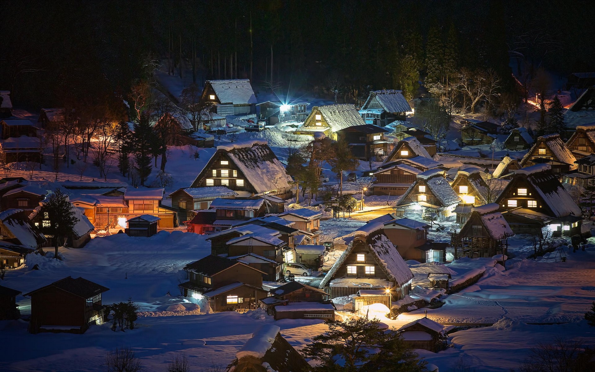 General 1920x1200 village lights snow night trees house cold ice outdoors Japan winter Asia