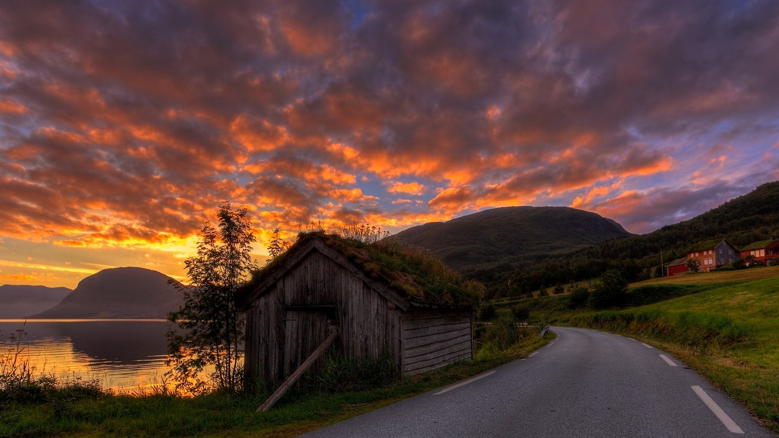 General 1600x900 road hut sky clouds grass mountains Norway summer nature lake landscape orange sky sunlight outdoors nordic landscapes