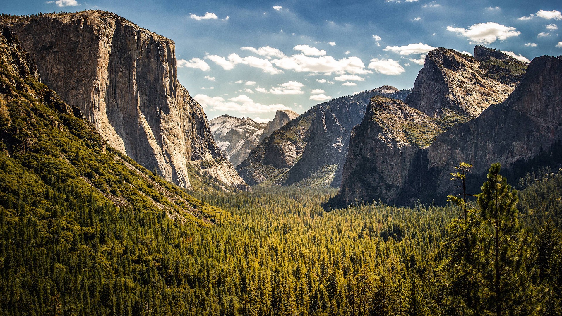 General 1920x1080 nature landscape trees mountains clouds sky valley cliff USA national park forest Yosemite National Park California El Capitan
