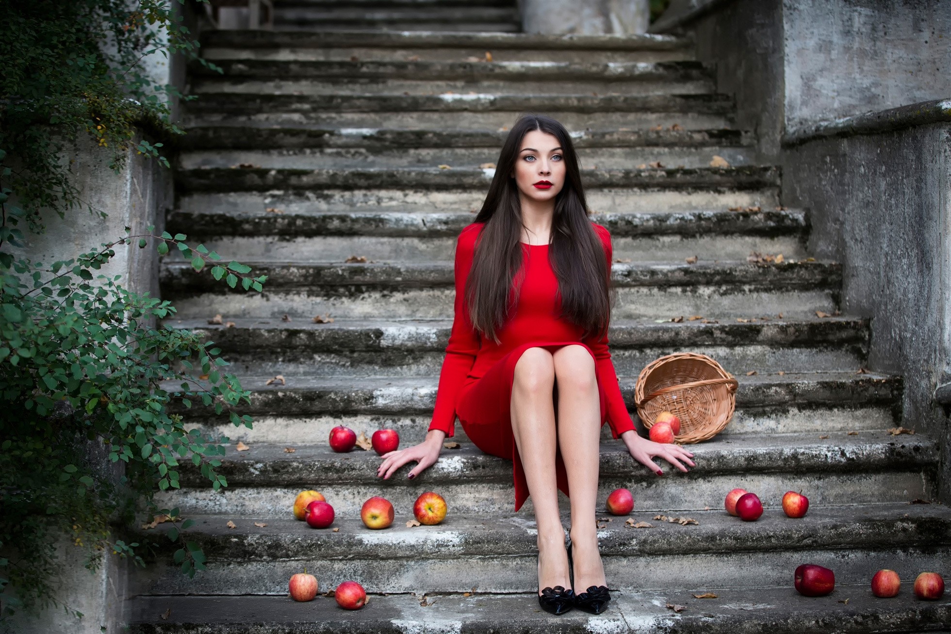 People 1960x1307 women red dress Inese Stoner brunette doll blue eyes long hair red lipstick sitting women outdoors dress stairs knees together food fruit apples
