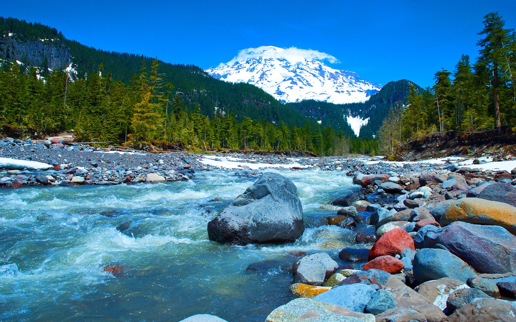 General 1680x1050 river stones mountains Mount Rainier National Park Washington State USA nature snowy peak