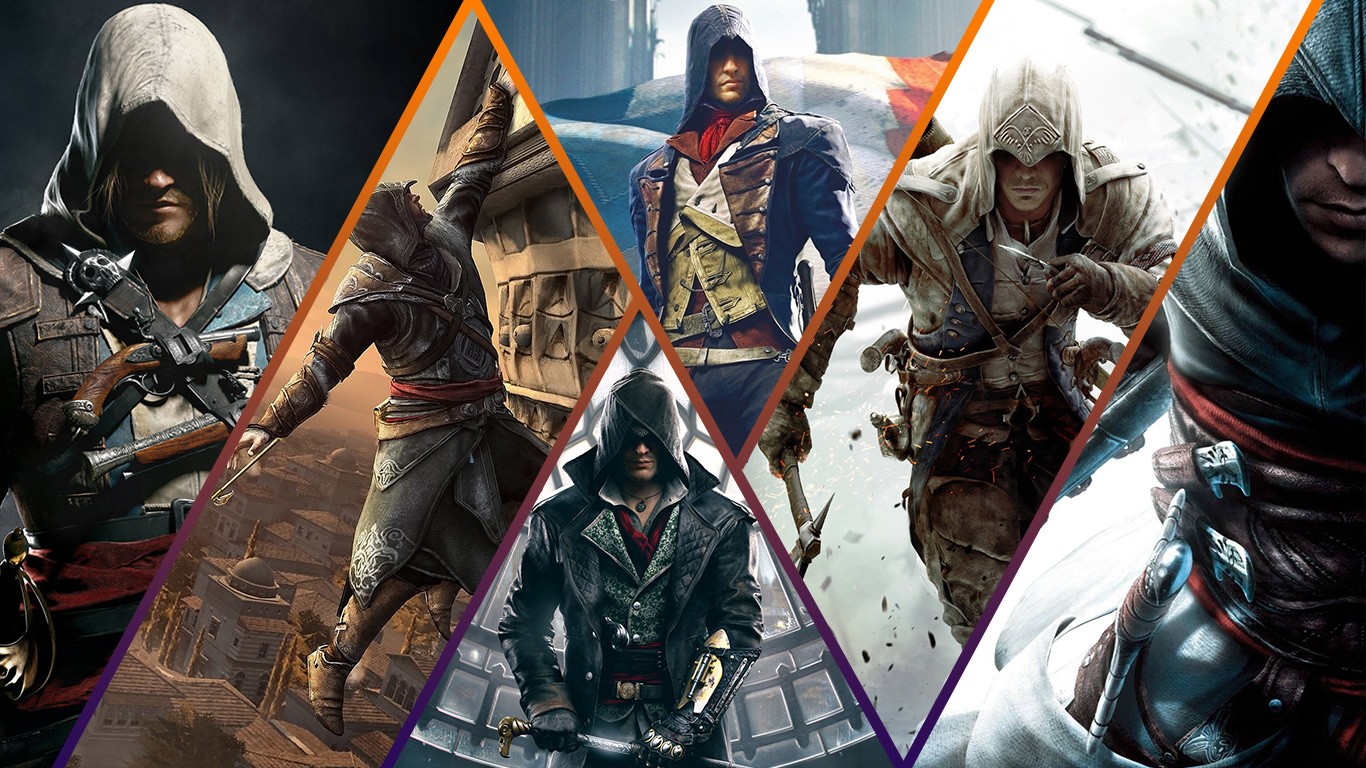 General 1366x768 Assassin's Creed video games Ezio Auditore da Firenze Arno Dorian Altaïr Ibn-La'Ahad PC gaming collage video game men video game characters