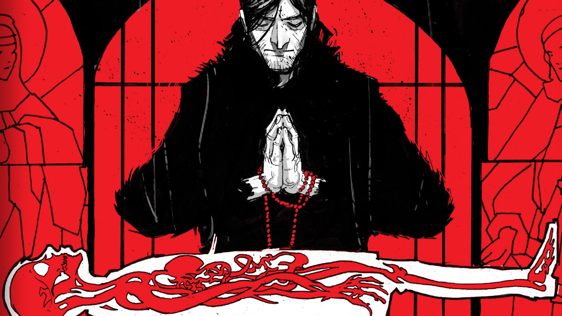 General 1920x1080 comics artwork praying skeleton red red background