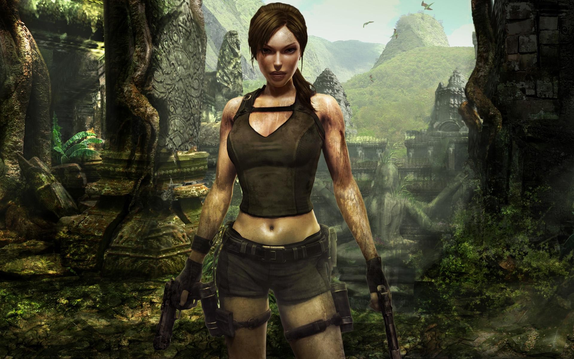 General 1920x1200 Tomb Raider video games Tomb Raider: Underworld concept art video game girls girls with guns standing looking at viewer belly wounds blood brunette women video game characters Lara Croft (Tomb Raider) Eidos Interactive