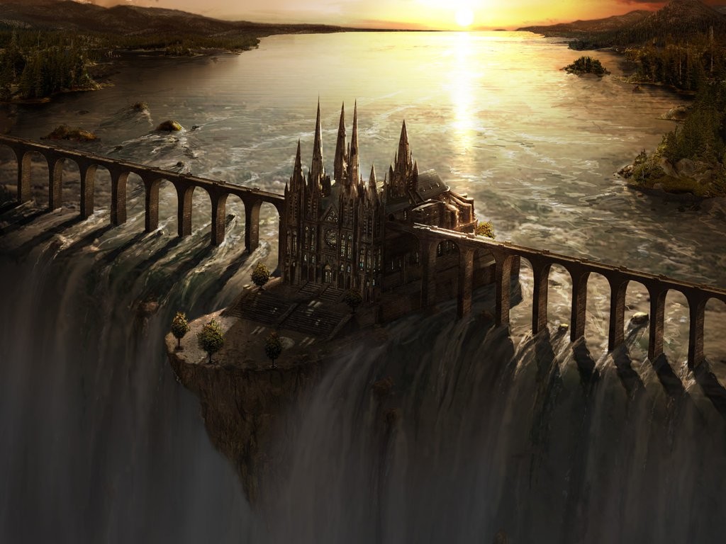 General 1024x768 fantasy art waterfall castle bridge sunset artwork CGI digital art building aerial view
