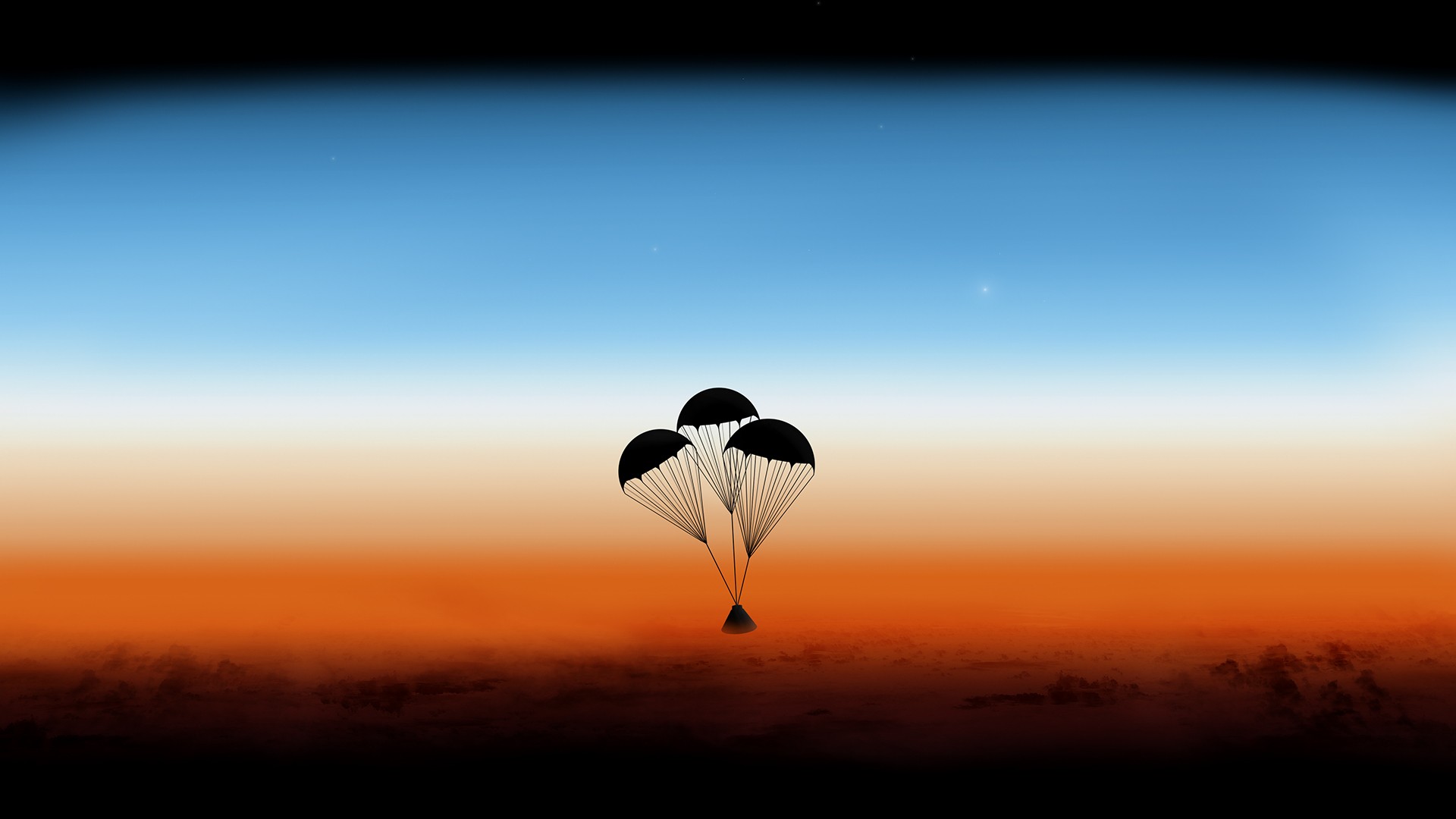 General 1920x1080 landscape silhouette parachutes atmosphere orange sky capsule spaceship