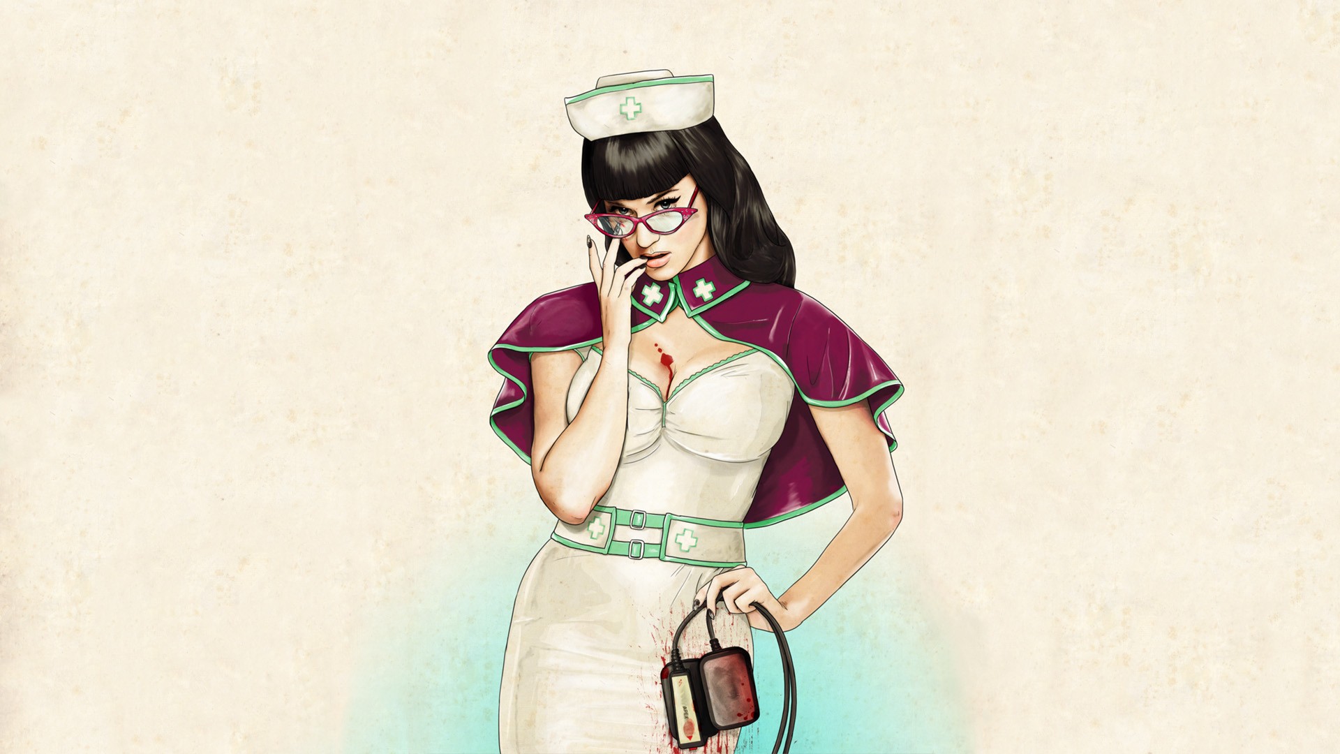 General 1920x1080 Slaughterhouse Starlets Keith P. Rein Katy Perry blood boobs cleavage nurse outfit hat dark hair glasses women with glasses women simple background painted nails artwork singer American women