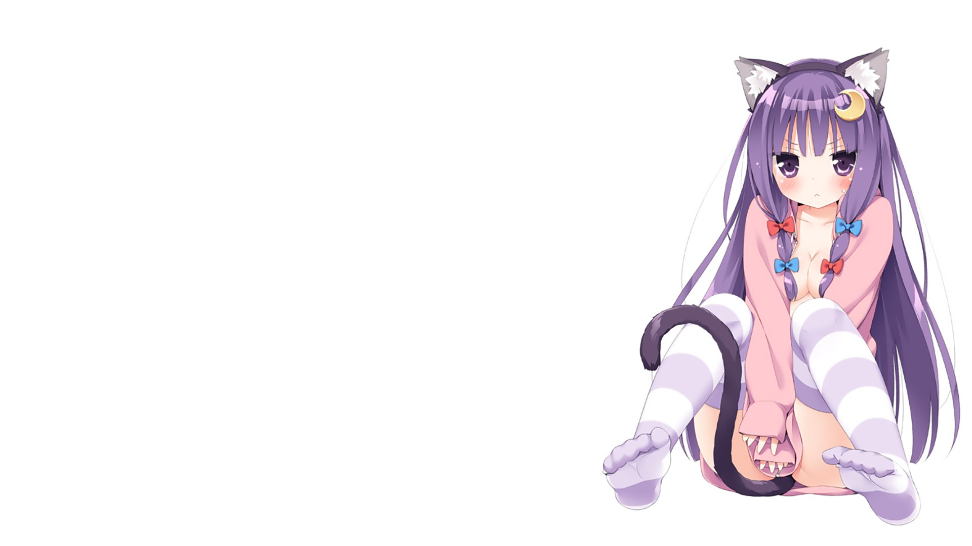 Anime 1920x1080 Touhou Patchouli Knowledge anime girls animal ears anime purple hair purple eyes cat girl tail simple background white background looking at viewer stockings striped stockings loli