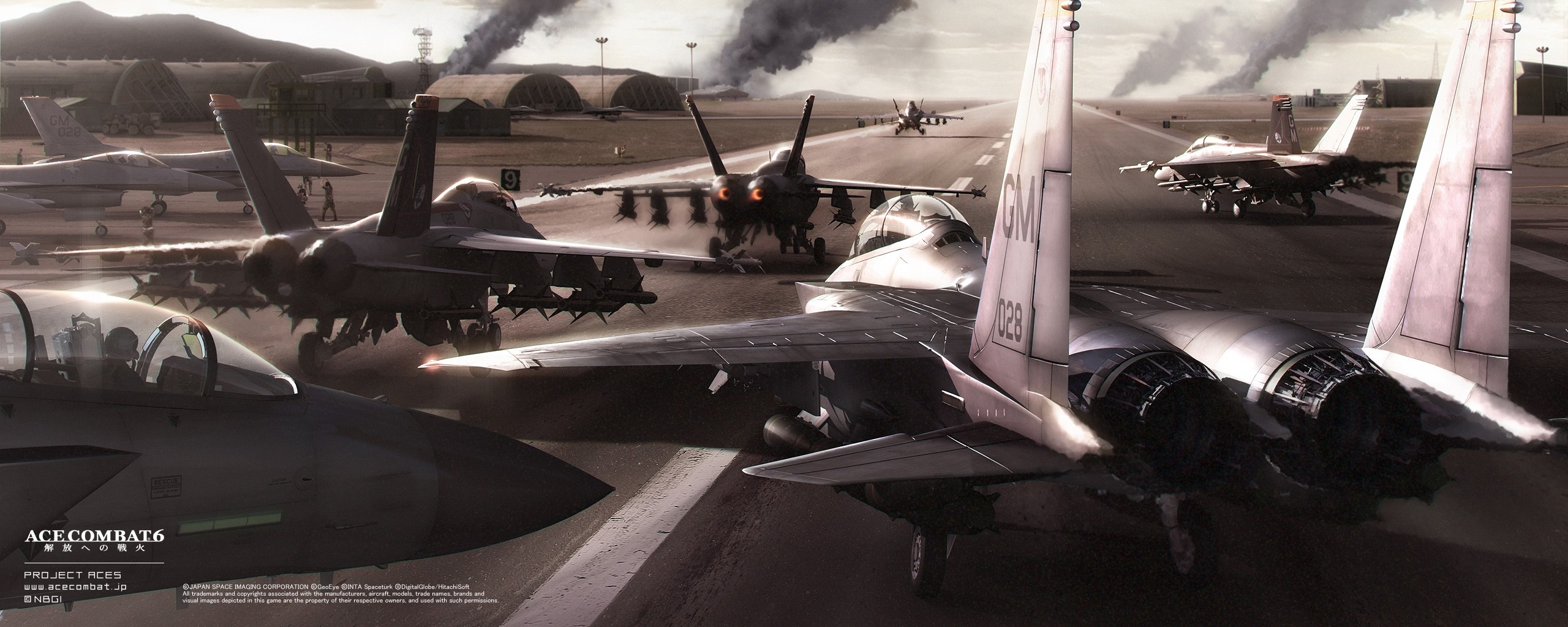 General 2560x1024 Ace Combat 6: Fires of Liberation video games aircraft F-15 Eagle McDonnell Douglas F/A-18 Hornet General Dynamics F-16 Fighting Falcon runway military aircraft vehicle military vehicle video game art smoke jet fighter airplane